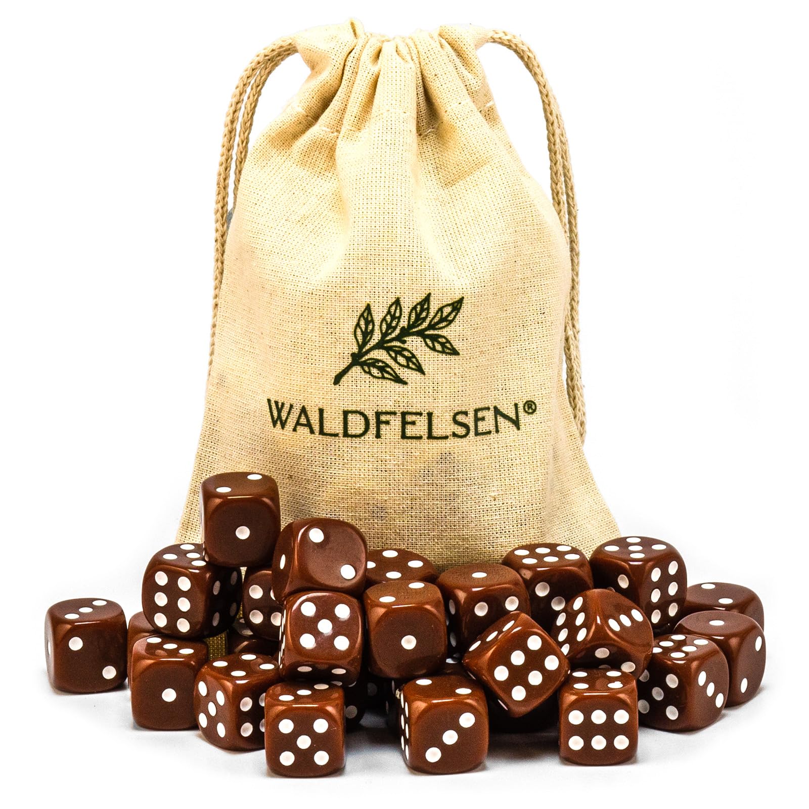 Waldfelsen® High-Quality Dice 6, 12, 20, 30 or 50 Standard Size 16 mm Acrylic Dice Puzzle Play Cube Dice 6-Sided Six Sided Play Accessories Set with Fabric Bag (Brown, 30 Pieces)