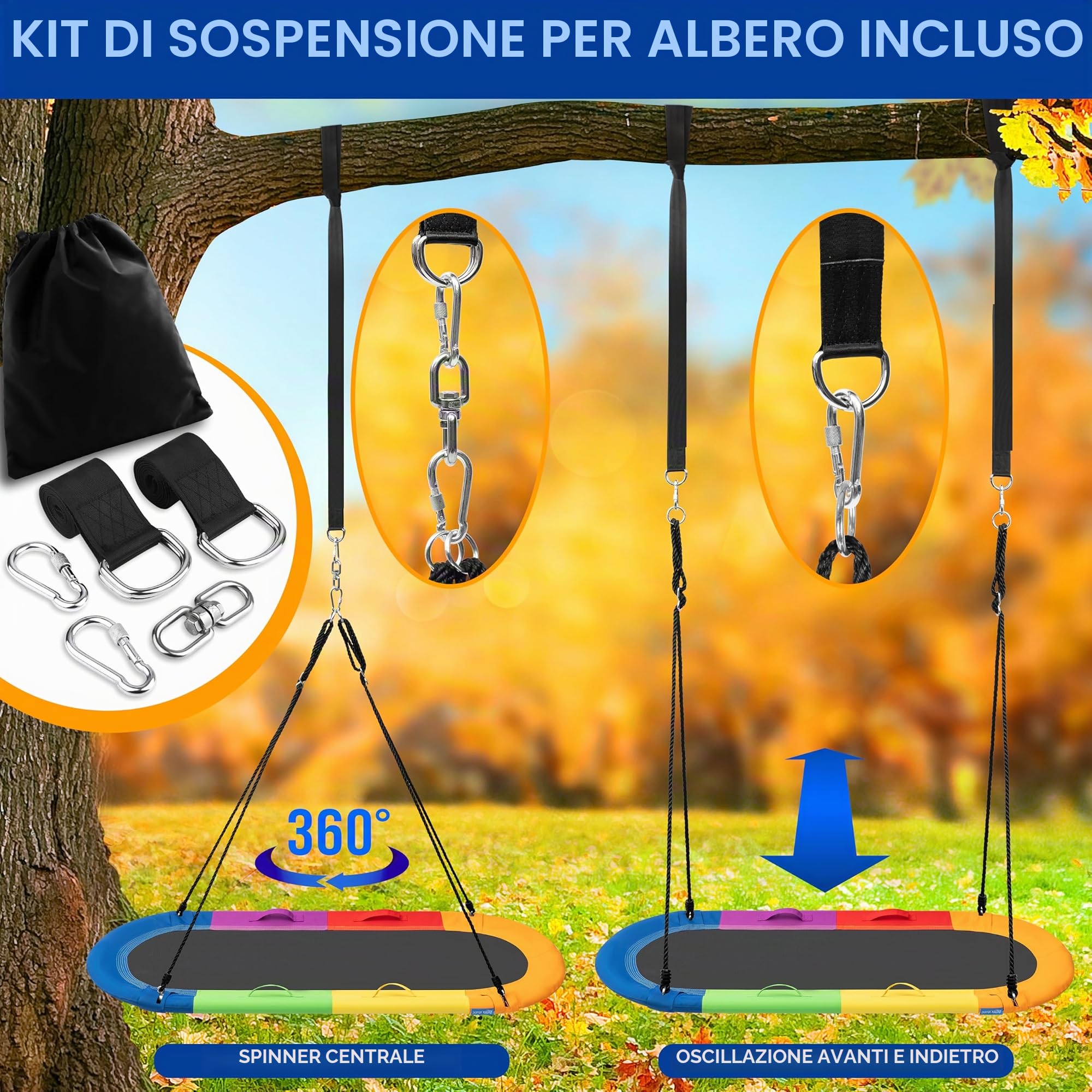 SereneLife Altalena da Giardino per Bambini 170 cm Altalena Ovale con Kit di Fissaggio Cuscino Borsa Resistente all’Acqua Portata 148 kg