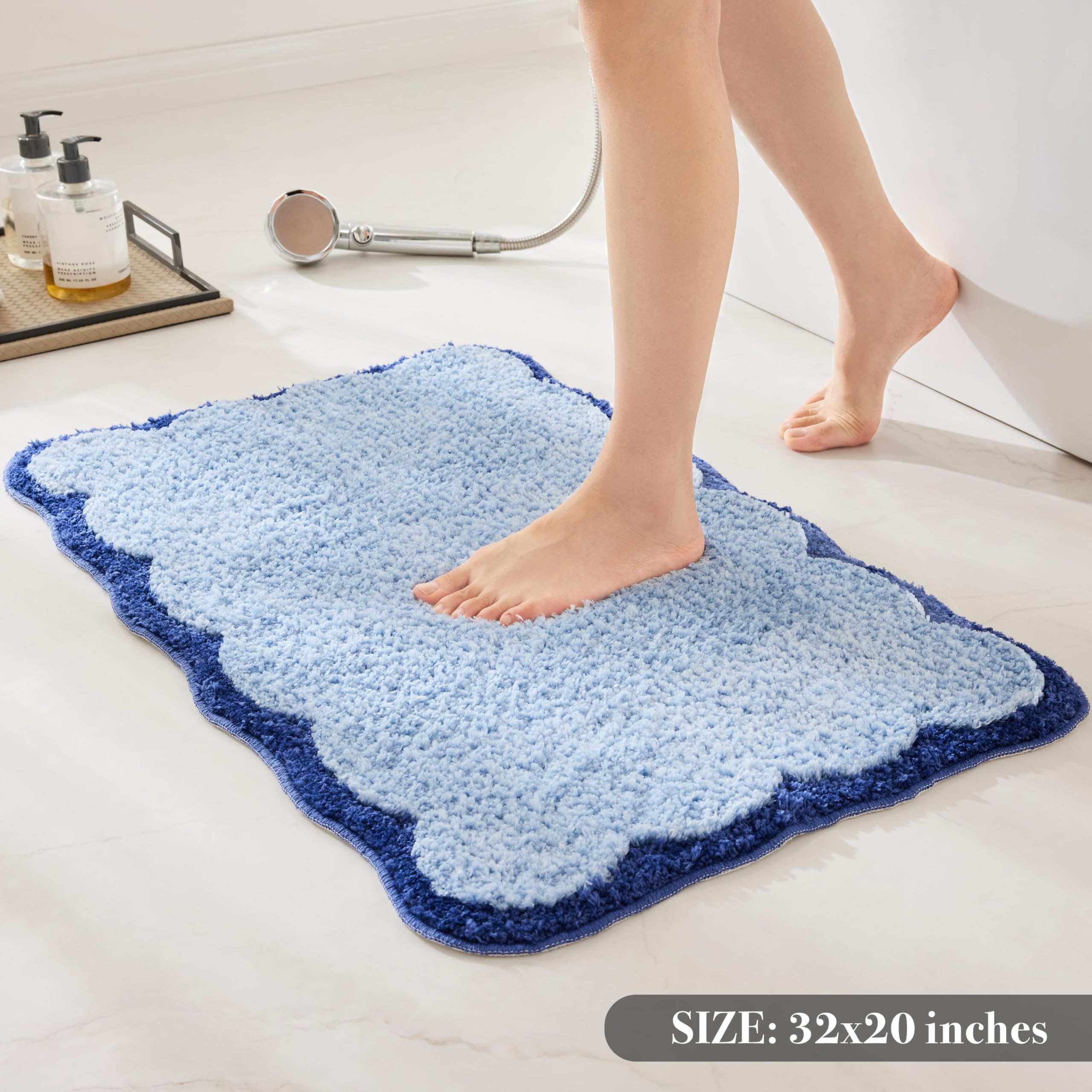 Alfombras de baño de microfibra de lujo, con ribetes festoneados, color azul marino, bonitos tapetes estéticos para baño, bañera, alfombra de suelo, fregadero, ducha, antideslizante, absorbente, 32 x