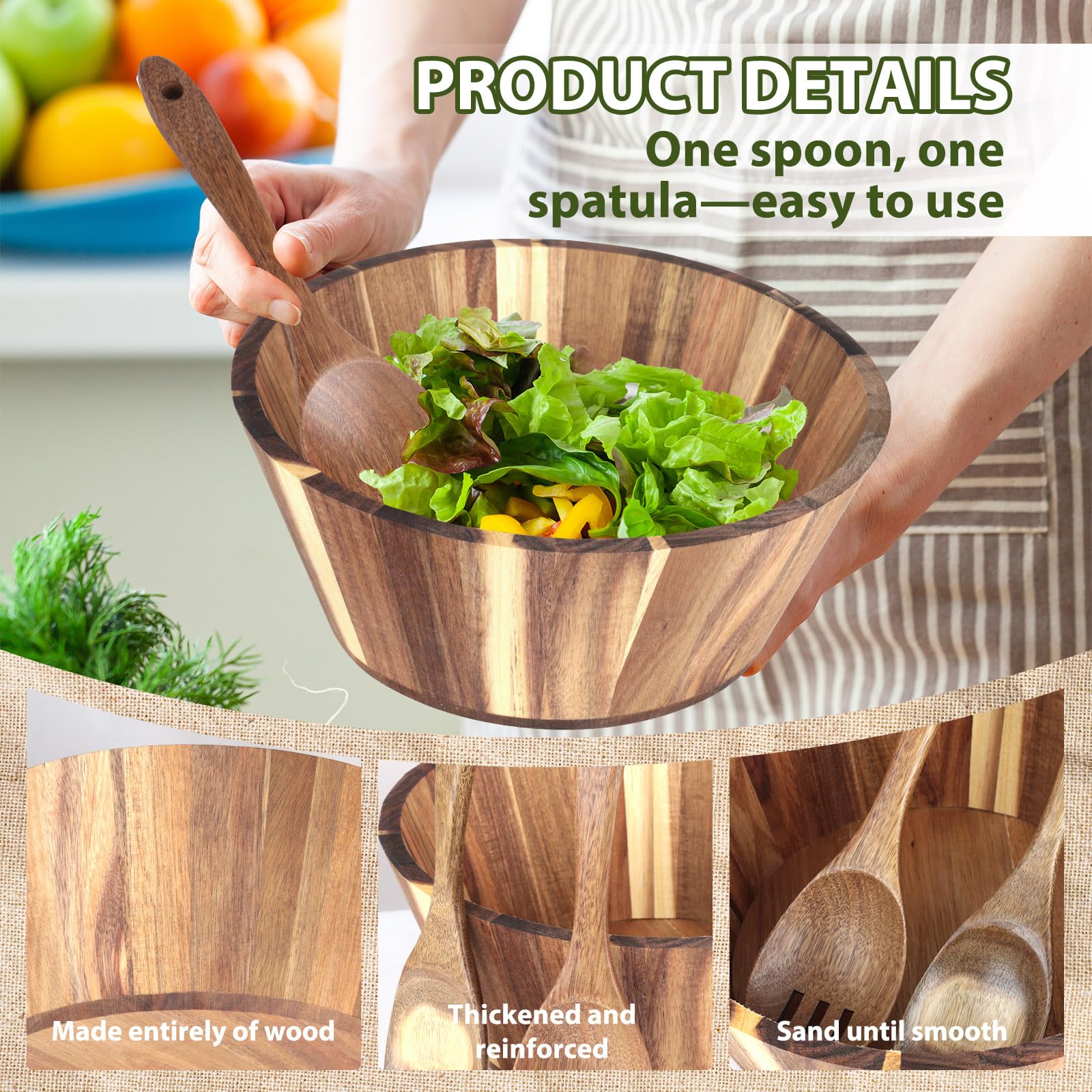 Juego de 3 cuencos de ensalada de madera de acacia de 11.8 pulgadas, cuenco grande con utensilios de servir, tenedor y cuchara para mezclar frutas, cereales, cocina, fiesta en casa (3