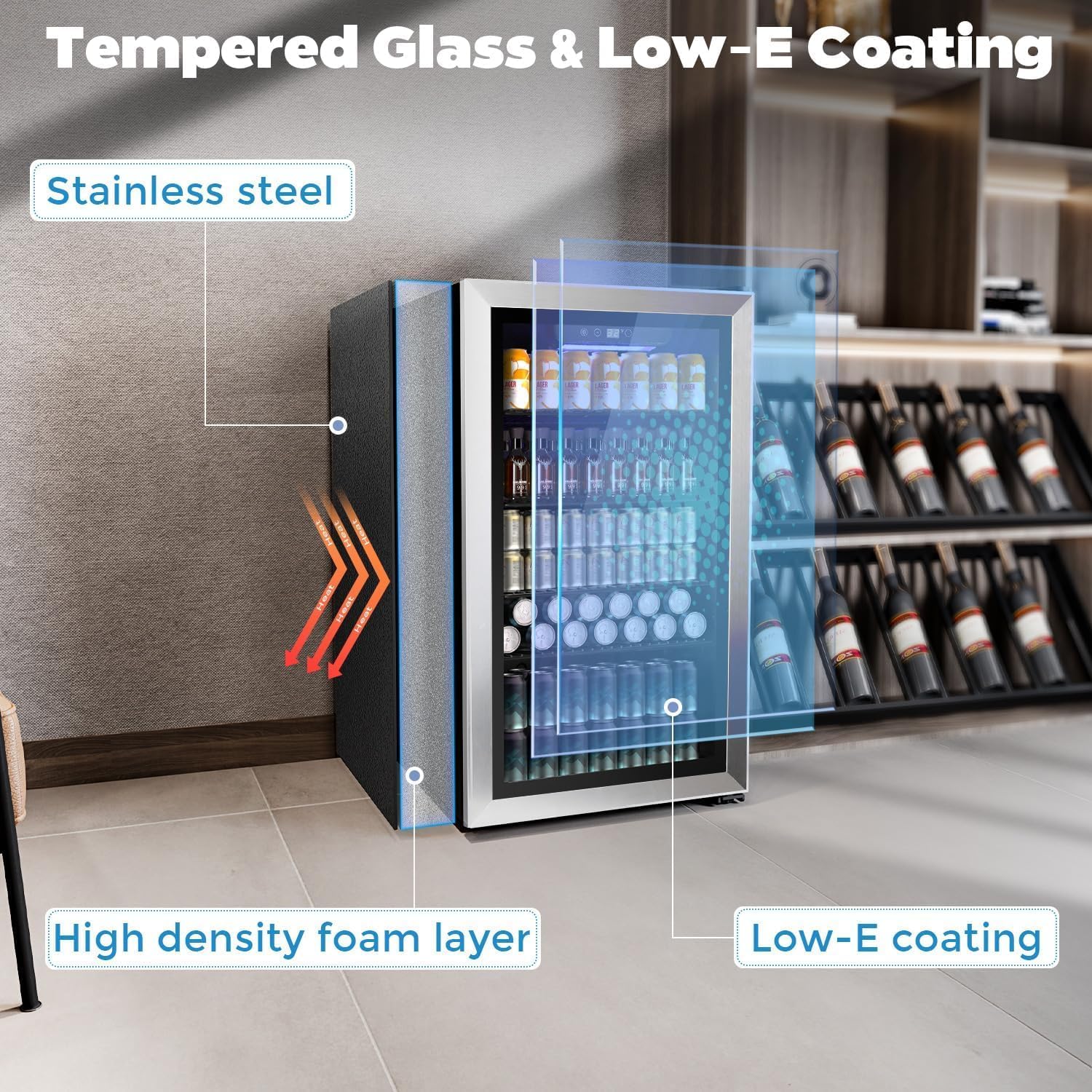 Cowsar Wine Cooler, 26 Bottle 130 Can Beverage Refrigerator, Etl Approved Mini Drink Fridge Clear Glass Door Quiet Compressor Adjust Temp 3.2 Cu.Ft Wine Fridge For Soda Beer on Fridge.com - View 6