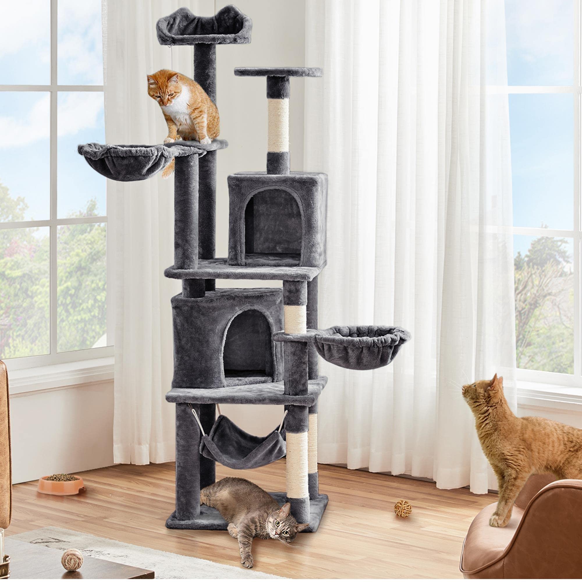 Yaheetech Rascador XXL para Gatos de 175 cm de Altura para Gatos Grandes, árbol de Escalada Estable con columnas de sisal y Plataformas, Hamaca de Peluche, Color Gris Oscuro