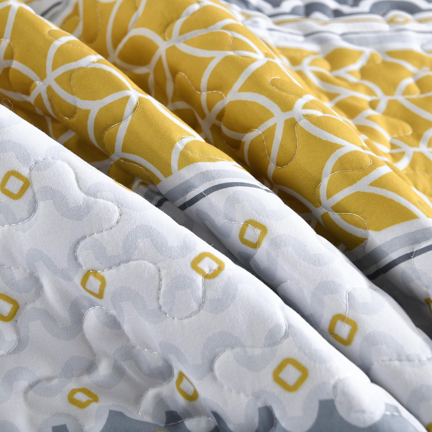 DJY Yellow Quilt Set King Size, Boho Yellow Grey Striped Bedspread Coverlet Set Soft Microfiber Patchwork Quilt Bedding Set 3 Pieces for All Season - Image 6