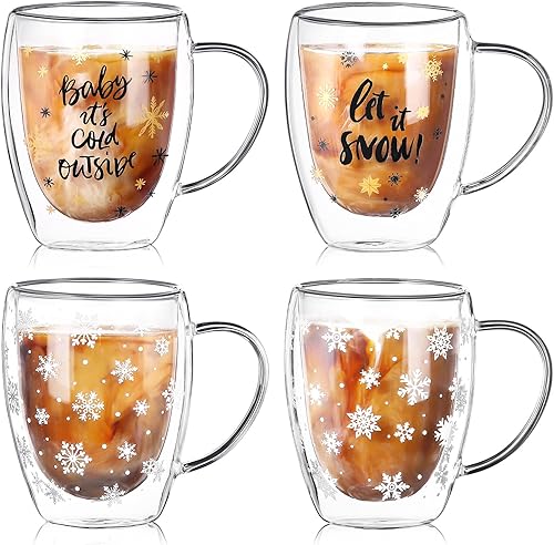 Layhit Juego de 4 tazas de café de cristal de Navidad, 12 onzas, de vidrio doble con asa, tazas transparentes, estilos navideños, tazas de café