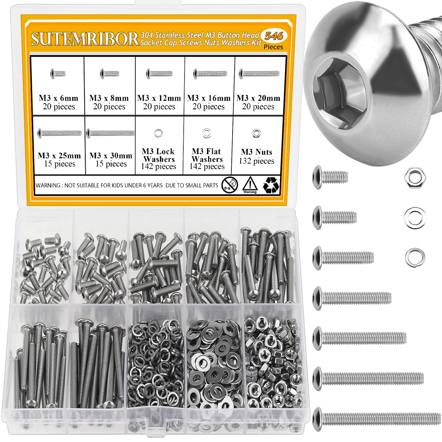 546 Pieces M3 Screws Nuts Washers Set, Sutemribor M3 x 6/8/12/16/20/25/30mm Button Head Socket Cap Screws Nuts Washers Assortment Kit, 304 Stainless