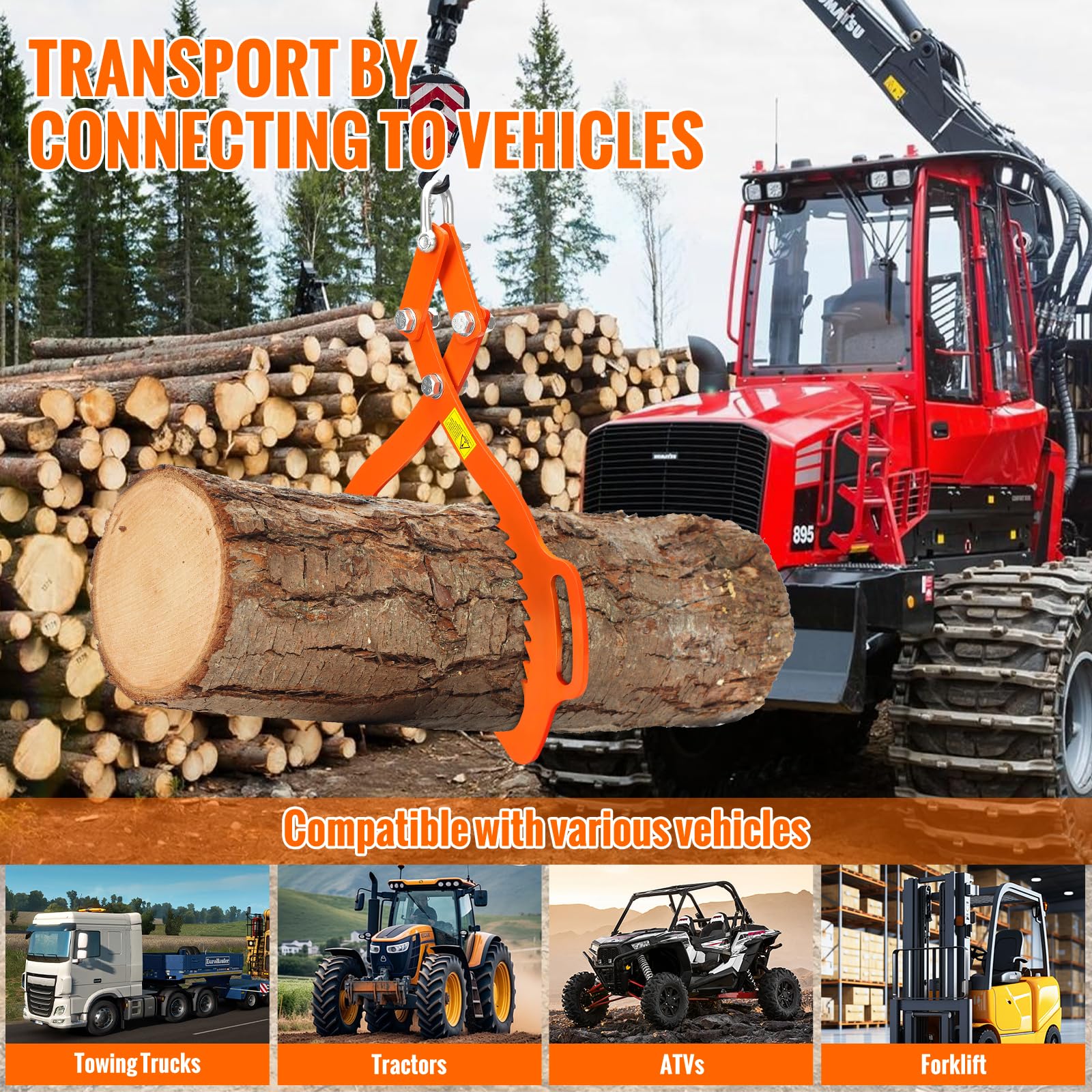 21" Pinza per Tronchi di Legno, Pinza Forestale per Tronchi a 700 kg con Presa Morbida per la Raccolta di Legna da Ardere, il Sollevamento di Ceppi e Legname