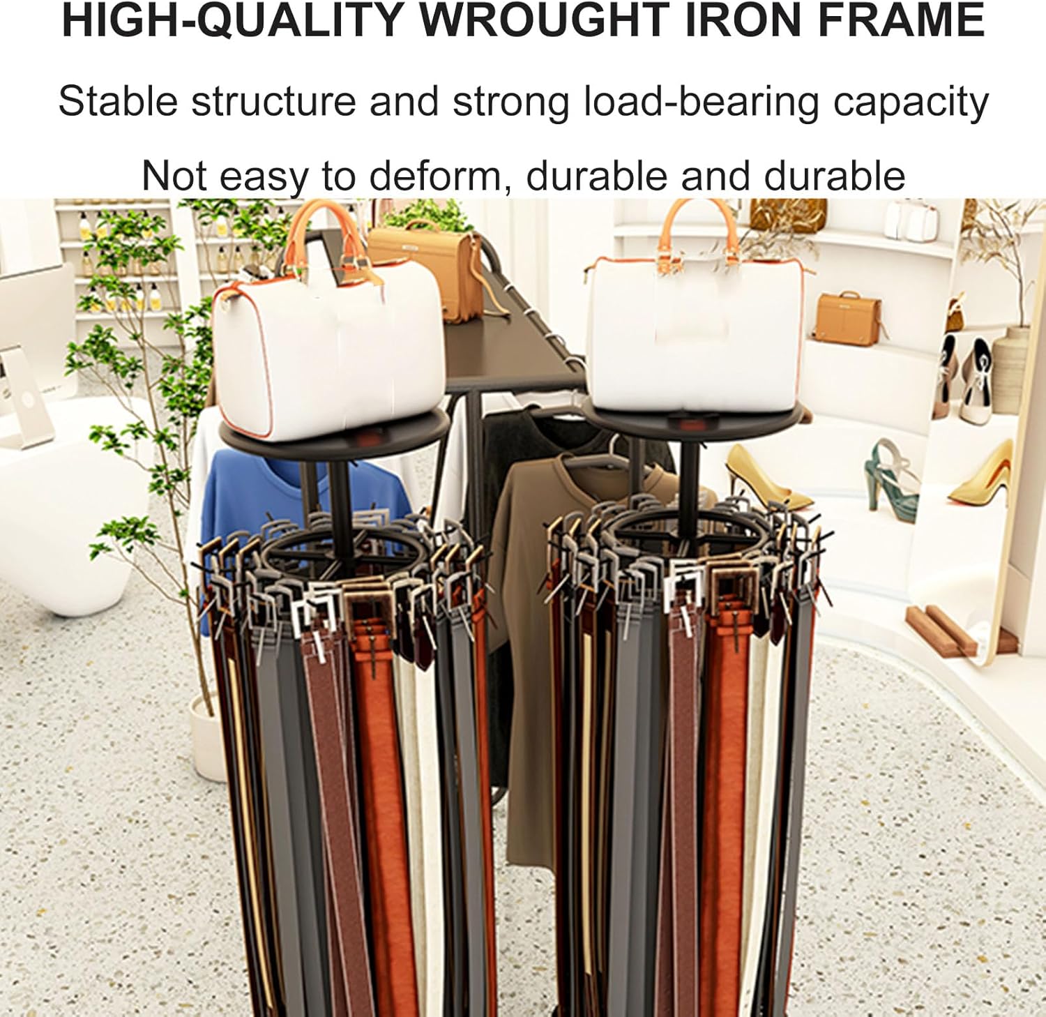 Floor Standing Belt Hangers, 360° Rotation Tie Display Stand, Men Closet Belt Organizer with Wheels, Silk Scarf Hanging Rack Shawls Purse Shelf