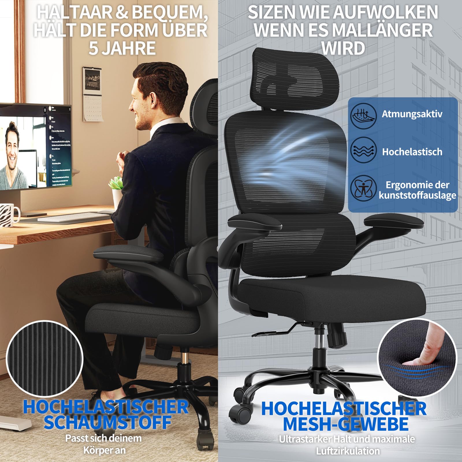 TRALT Sedia da ufficio ergonomica – Sedia da ufficio con supporto lombare regolabile, poggiatesta da gaming, sedia da ufficio, sedia da scrivania,casa,ufficio,ergonomica nero