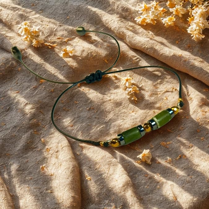 Adjustable Bracelet with Natural Stone Drawstring, Jade and Hematite Stone, Macrame Tied, 26 cm