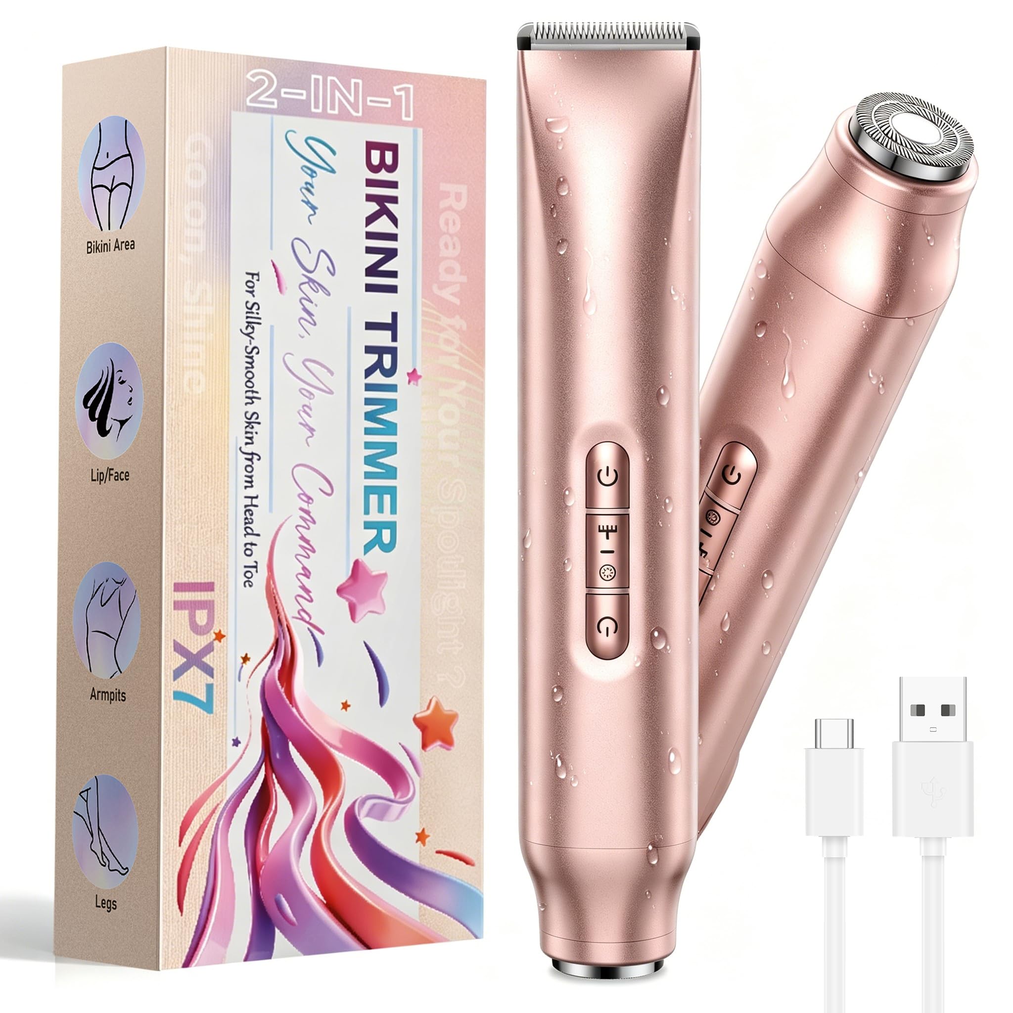 Rasoio da donna 2 in 1 indolore per bikini e rimozione dei peli del viso, rasoio elettrico ricaricabile a secco/umido con indicatore della batteria, portatile per viso, ascelle, gambe e peli pubici