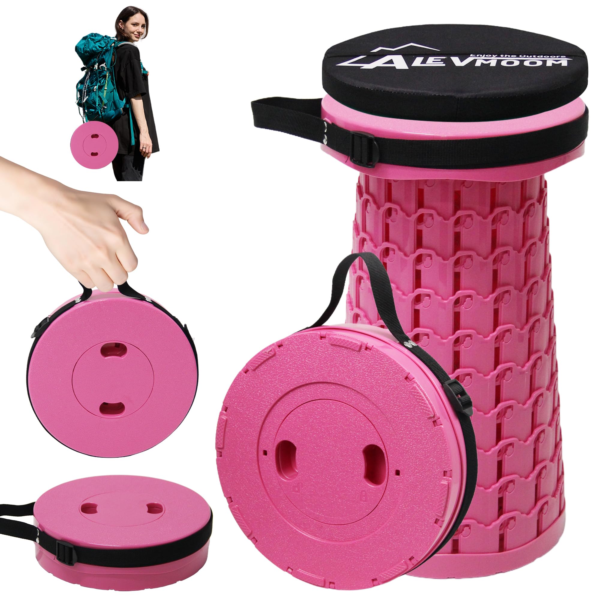 ALEVMOOM Upgraded Collapsible Stool with Thickened Cushion 18.1",600Lbs Max Weight Wider &amp; Taller Pop Up Stool, Heavy Duty Portable Retractable Folding Chair or Travel Foot Rest for Camping, Outdoors