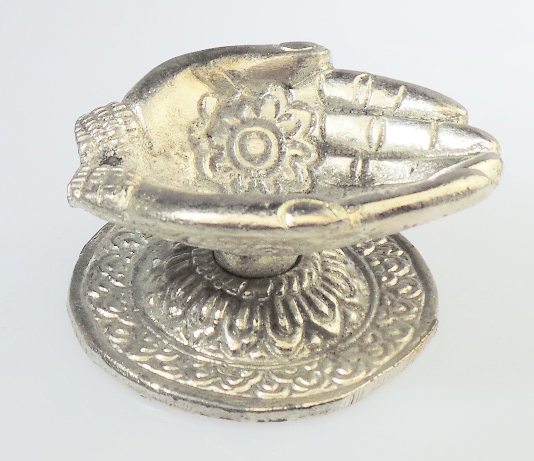 Indiabazaar Silver Antique Metal Hand Shape Hindu Pooja Puja Oil Lamp - Hand Engraved With Incense Holder