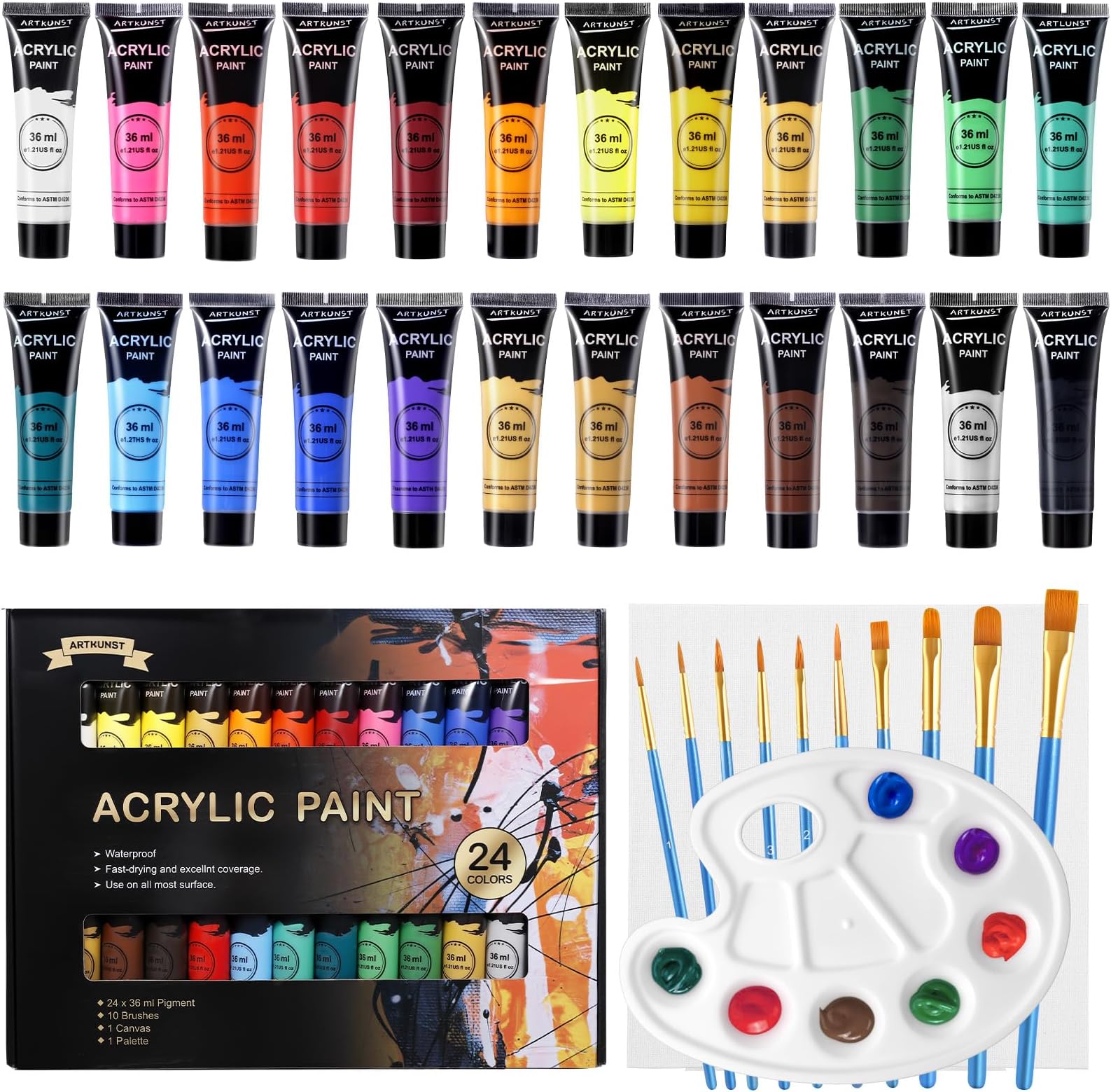 Acrylic Paint Set, 24 x 36 ml Painting Set with 10 Brushes for Canvas, Wood, Paper, Ceramic, Waterproof Paints with Vivid Colour for Artists, Beginners, Children