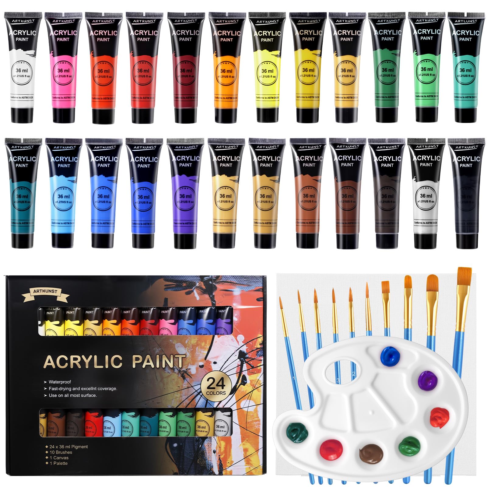 Acrylic Paint Set, 24 x 36 ml Painting Set with 10 Brushes for Canvas, Wood, Paper, Ceramic, Waterproof Paints with Vivid Colour for Artists, Beginners, Children