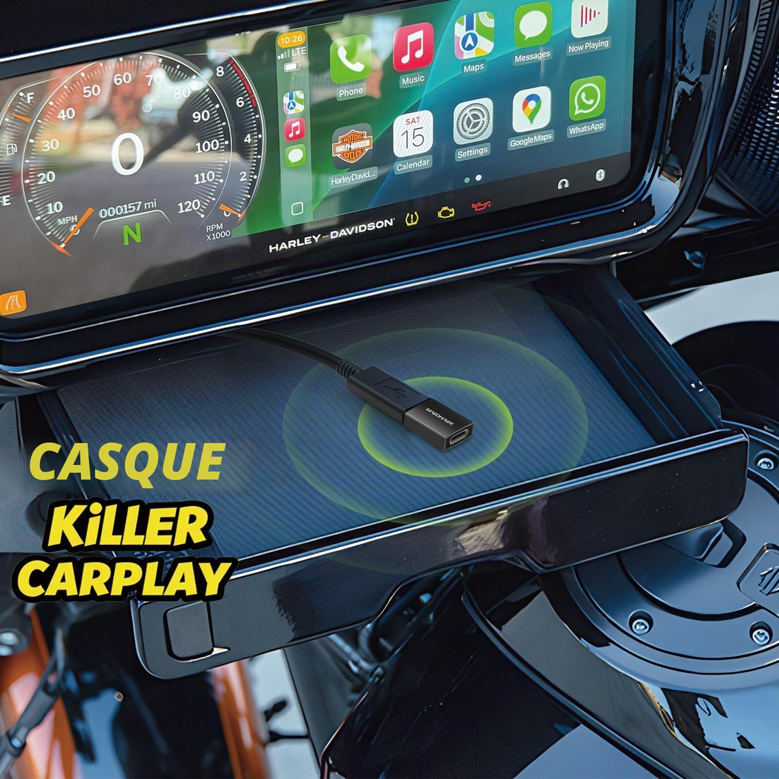 MaedHawk Bypass 2.0 Adaptateur d'activation CarPlay Moto – Bypass Casque Bluetooth 5.4 avec Port de Charge traversant USB-C 45W (Plug & Play, Activation sans Fil, Bypass Casque pour CarPlay)