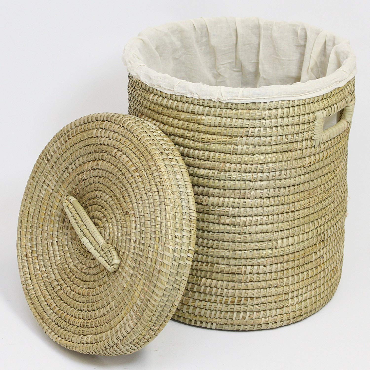 kleiner Wäschekorb aus Seegras, Ø 40 x 50 cm, Wäschesammler mit Deckel | Wäschetonne mit herausnehmbarer Textileinlage in Ceme, Schmutzwäsche-Behälter im Natur-Design