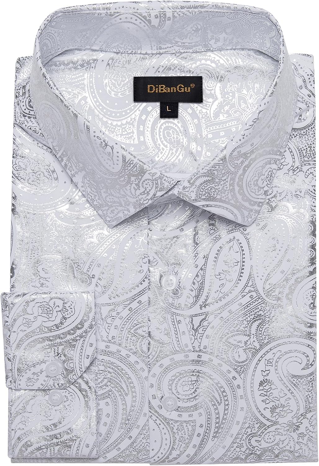 DiBanGu Mens Paisley Dress Shirt Luxury Printed Long Sleeve Button Down Shirts Regular Fit Shiny Shirts for Wedding Prom, Silver, 3X-Large