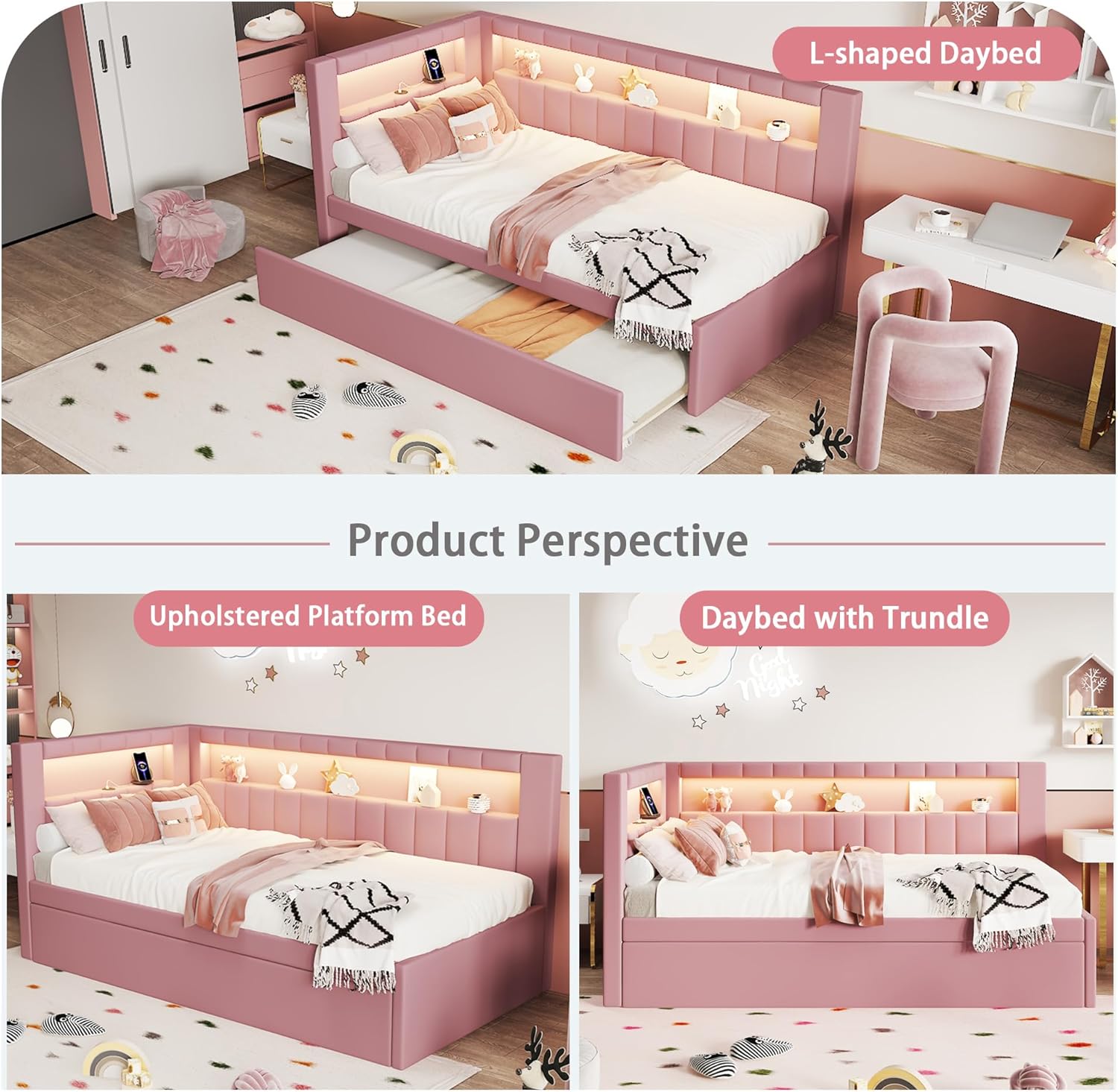 Polibi Twin Size Upholstered Platform Bed with LED Lights and USB Ports, L-Shaped Daybed with Trundle for Extra Sleeping Space, Pink