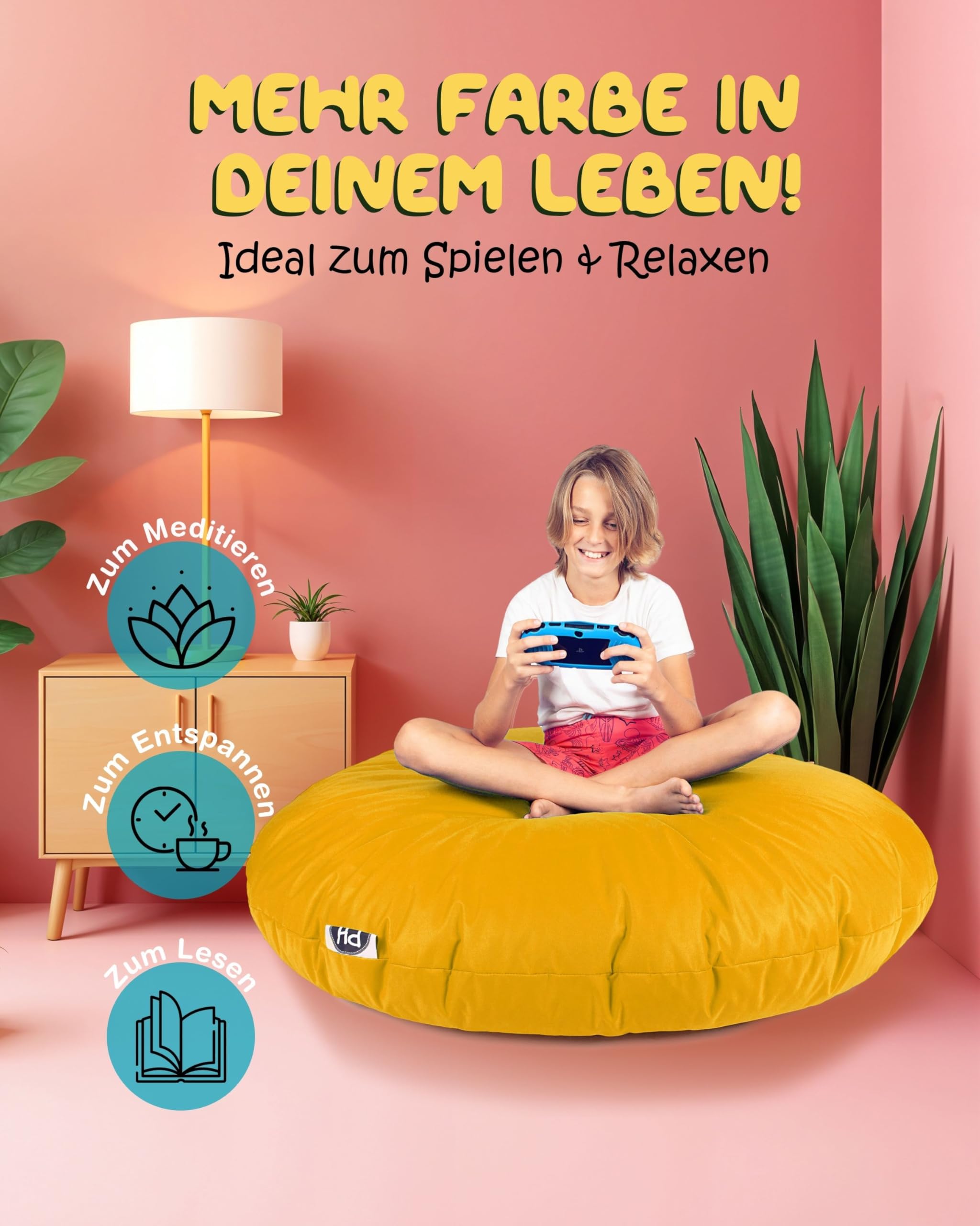 Patchhome - Pouf 2 in 1, cuscino da pavimento, poltrona a sacco da gaming, per adulti e bambini, con imbottitura, Ø 100 cm, giallo (yellow)