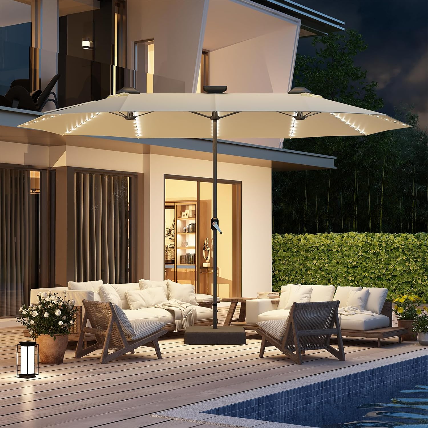 AECOJOY 15ft Large Patio Umbrella with Solar Lights, Double-Sided Outdoor Rectangle Market Umbrella with Base Included, 156 PCS LED Lights, Crank Handle for Garden Deck Pool in Tan(1.9" Pole)