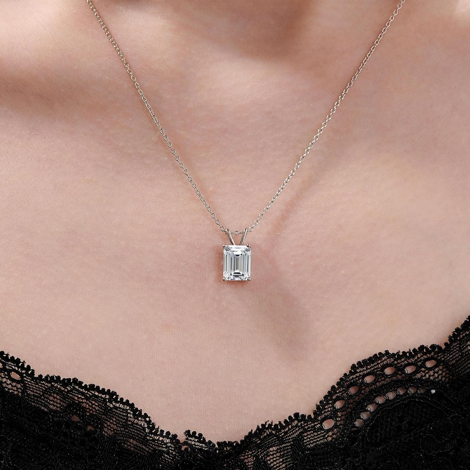 SHELOVES JEWELRY 925 Sterling Silver 5A Grade Emerald Cut Cubic Zirconia Pendant Necklace for Women Jewelry Gift 18" - Image 4