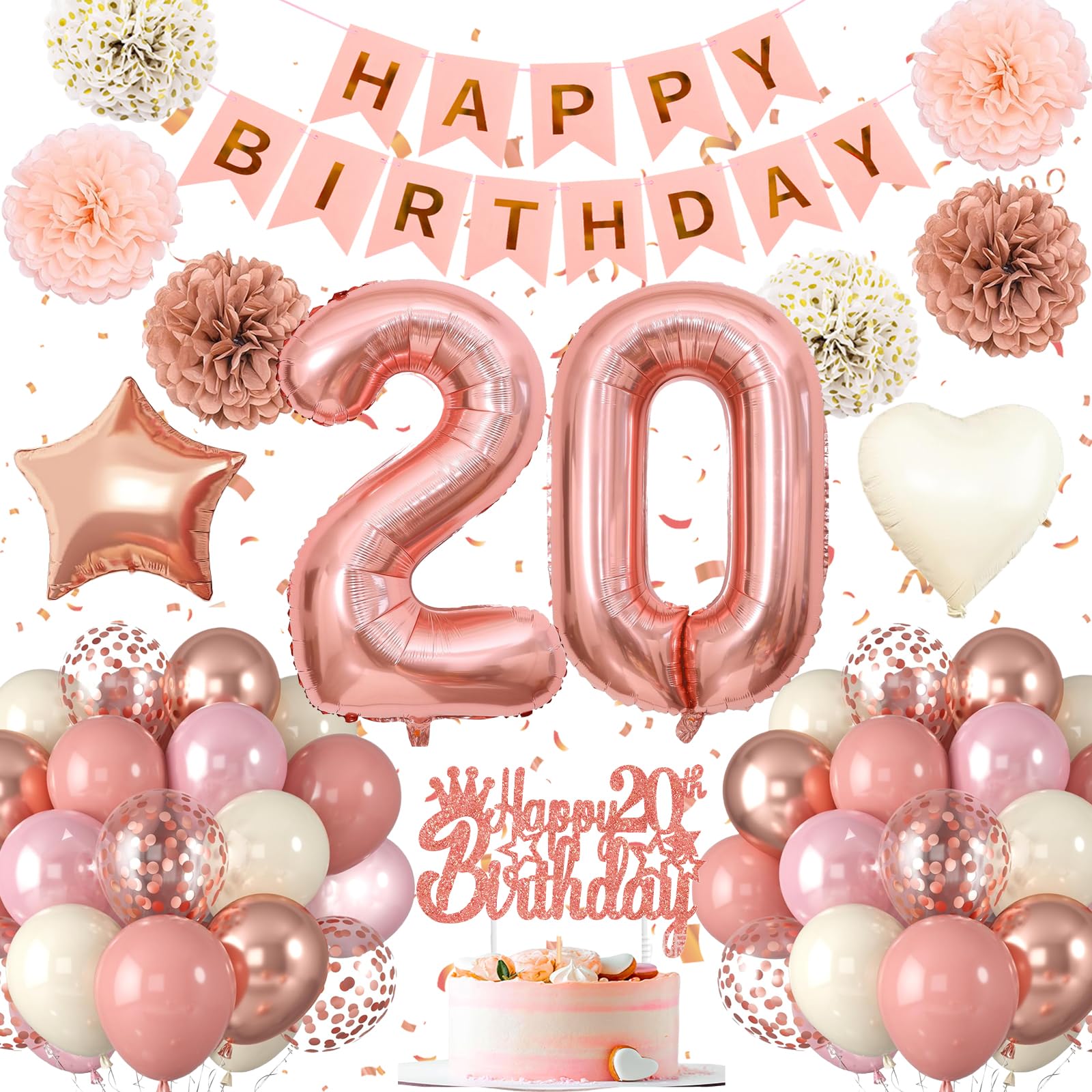 20.Geburtstag Dekoration,20 geburtstag Frau Rosa Rosegold,Geburtstagsdeko 20 jahre Frau,Luftballons 20.geburtstag Happy Birthday Girland Ballon 20 Deko zum Geburtstags,Geburtstagsdeko 20 Jahre