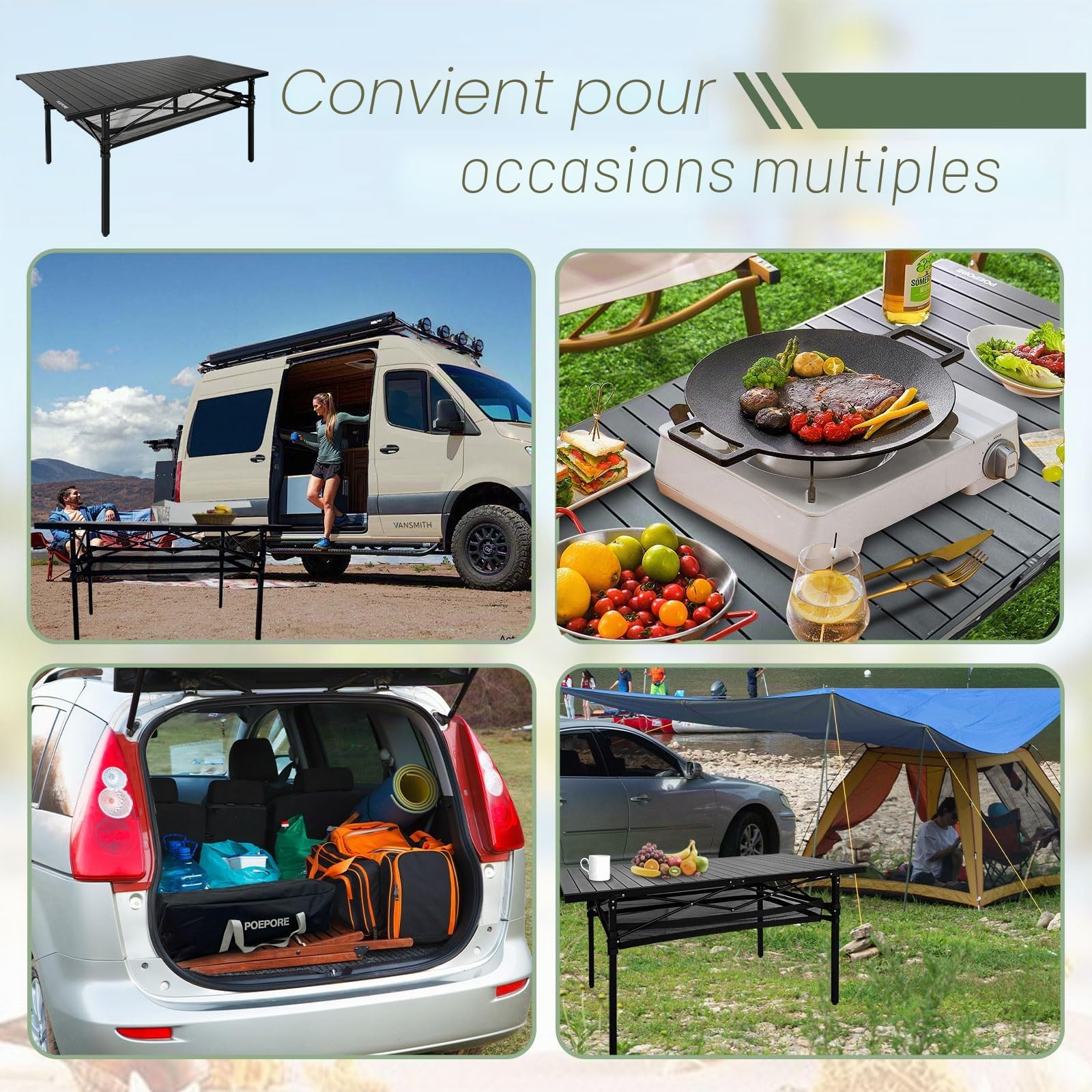 Table de Camping Pliante en Aluminium pour 4-6 Personnes Table Pliante Exterieur Charge Maximale 80 kg avec Poches en Filet pour Jardin Pique-Nique Plage Terrasse 140 x 70 x 70cm Noir