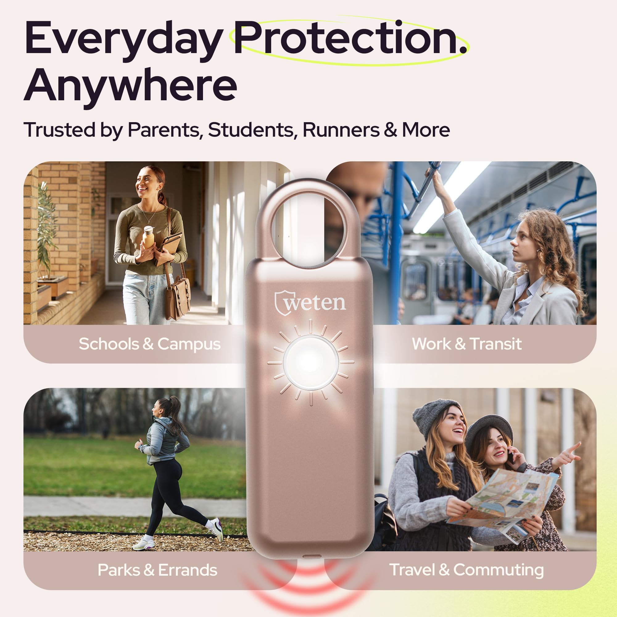 Weten Llavero de alarma de seguridad personal, sirena de 130 dB con altavoz inferior, luz LED, pulsera y clip de mosquetón, alarma de autodefensa resistente a la intemperie con alerta de batería baja