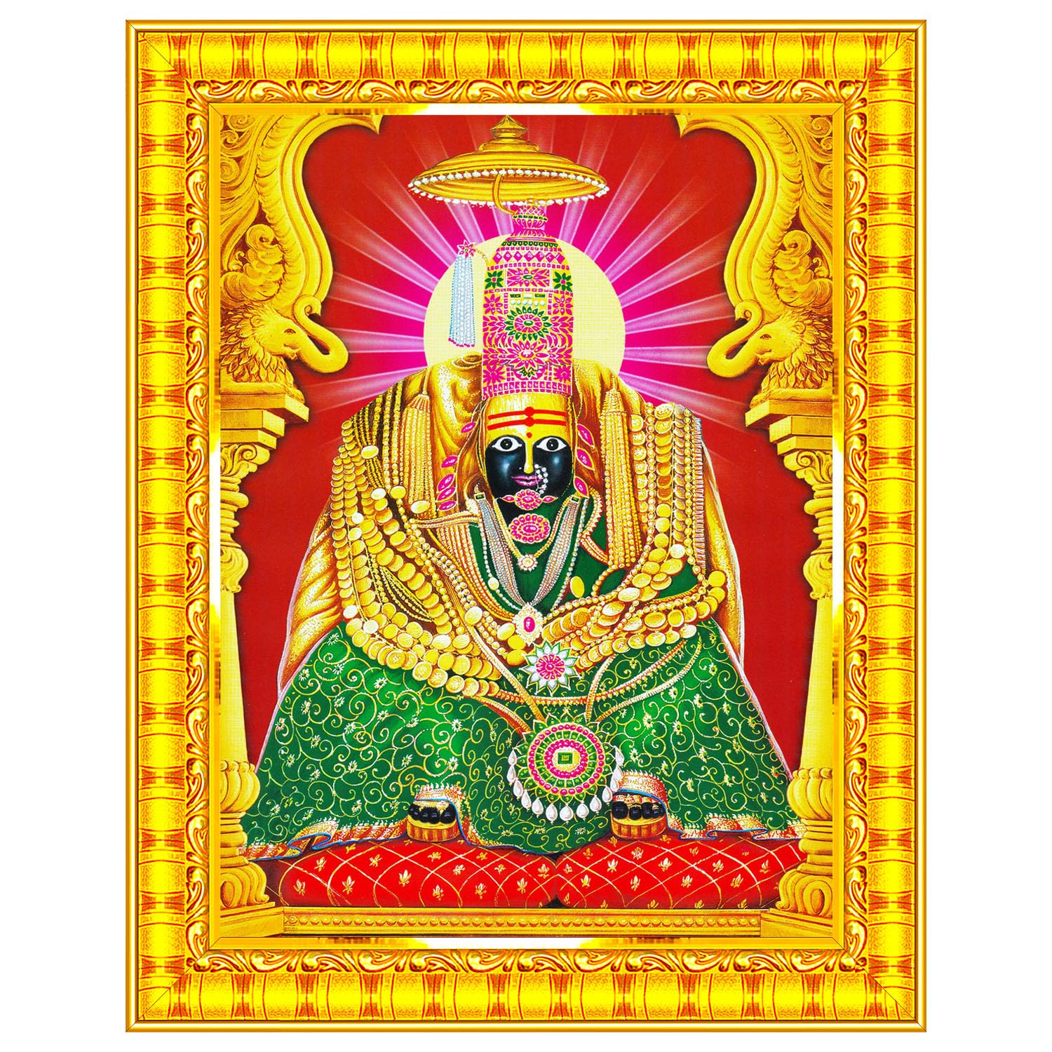 Pavan Photo Laminations Tulja Bhavani Maa Mata Tuljapur Tuljabhavani Wall Painting Framed Home Decor (Wood,Matte,Gold,Small Size,6 x 8 Inch) R1894S