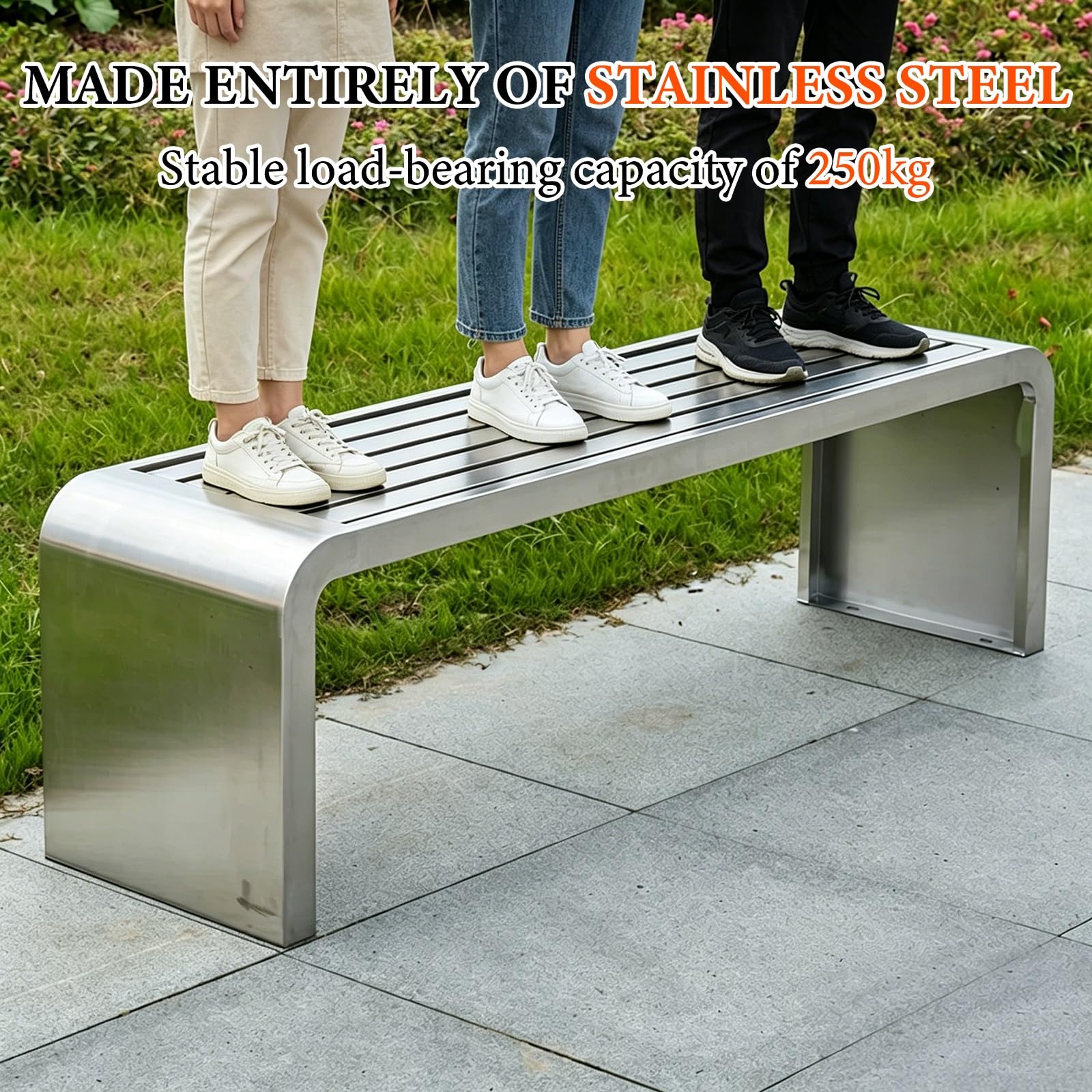 Banco Jardin Exterior 2 Plazas Banco Terraza Exterior Resistentes a la Intemperie Banco de Parque de Acero Inoxidable Sin Respaldo para Parques Zonas Residenciales(304 Stainless Steel,150x40x45cm)