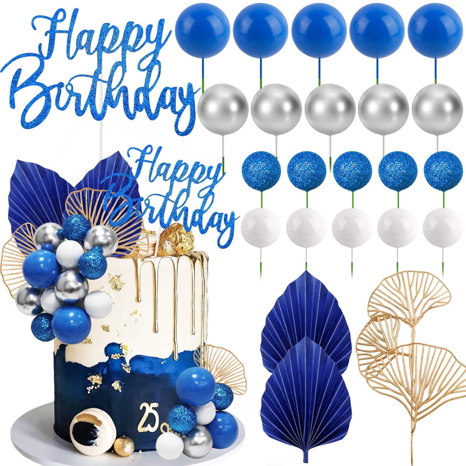 Morofme Blue Balls Cake Decorations Navy Blue Themed Cupcake Toppers White Silver Balloon Cake Topper Glitter Happy Birthday Cake Decor Elegant Boho Cupcake Picks for Wedding Men Birthday Party