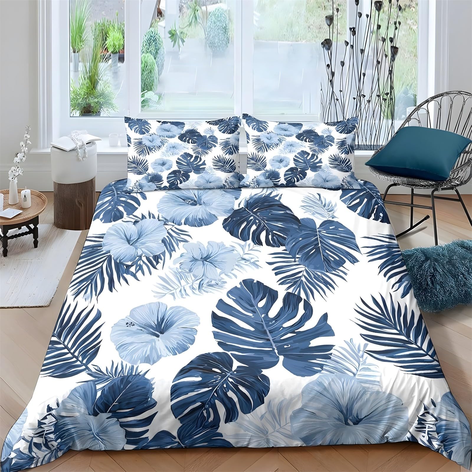 Ypthriline Double Bedding Set Monstera Plants Bedding Set Microfiber Light Blue Duvet Covers with Pillowcases Reversible Bedding With Zipper Closure 200x200CM