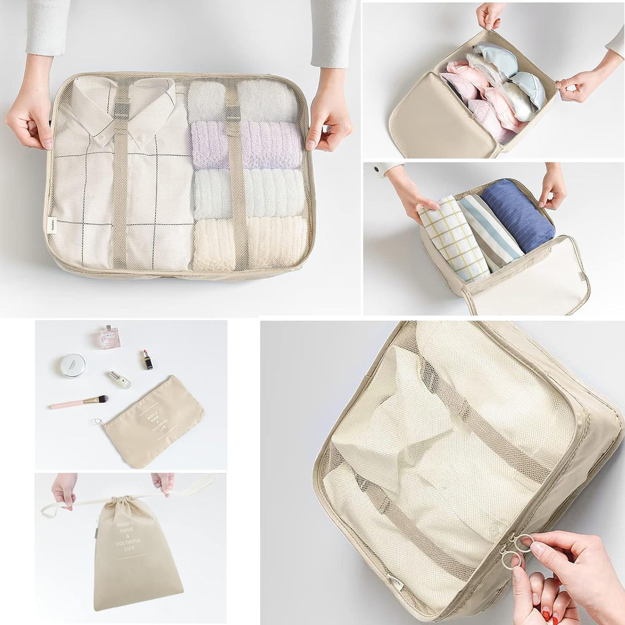 LANSKLBD 6/8 Set Packing Cubes for Suitcases Travel Luggage Packing Organizers,Travel Accessories Essentials Luggage Organizer with Shoe/Tioletry/Laundry Bag (Beige, 6 set) view 4