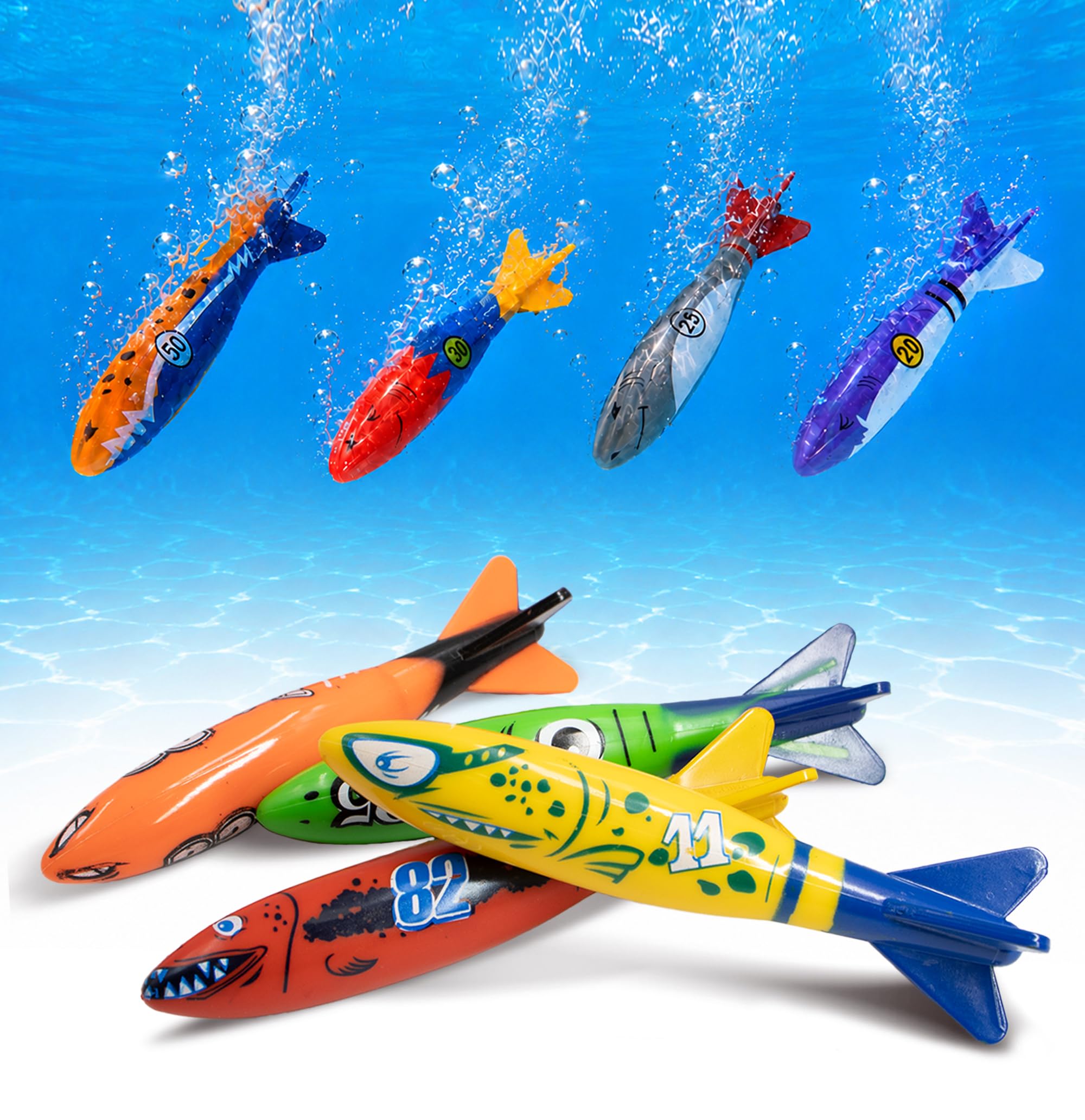 Novelty Place 8 Torpedos De Buceo Para Piscina – Juguete De Agua Con Diseño De Tiburón, Colores Surtidos, Lanzamiento Submarino De 3 A 6 Metros