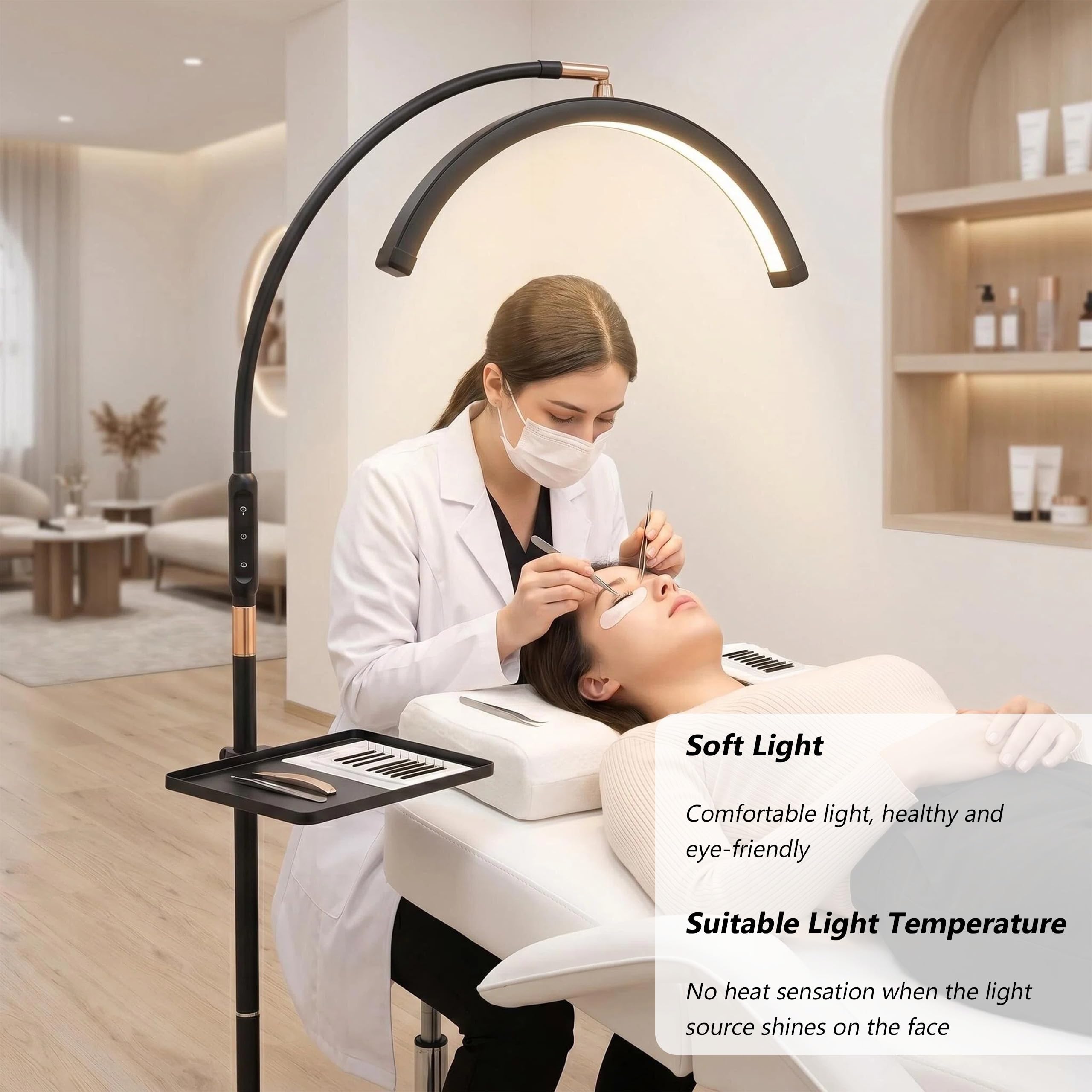 Halbmond Lampe Kosmetik, 320° Drehbarer Kosmetiklampe mit 3 Farbtemperaturen, Kosmetik Lampe Stehend, Höhenverstellbar Wimpernlampe für Wimpernverlängerung Make-up Tattoos Nageldesign