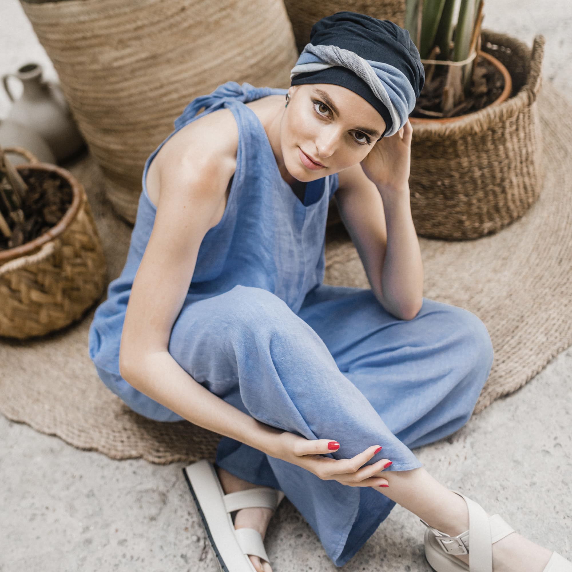 ADERANS Turbante Oncologico Fancy Sport Marino/Tessuto di Bambù/Ideale per chemioterapia e alopecia/Fatto a mano in Spagna/Confortevole, Morbido e Traspirante.