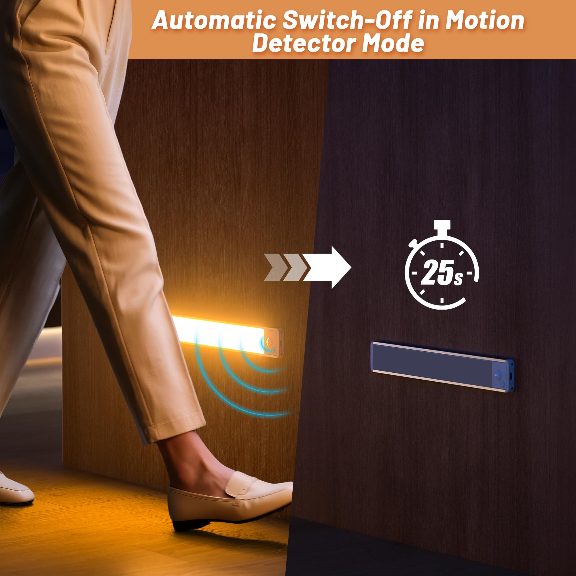 GWULC Under Cabinet Kitchen Lights LED - 20CM Cupboard Light con Motion Sensor USB-C Rechargeable Wireless LED Warm Light - Image 3