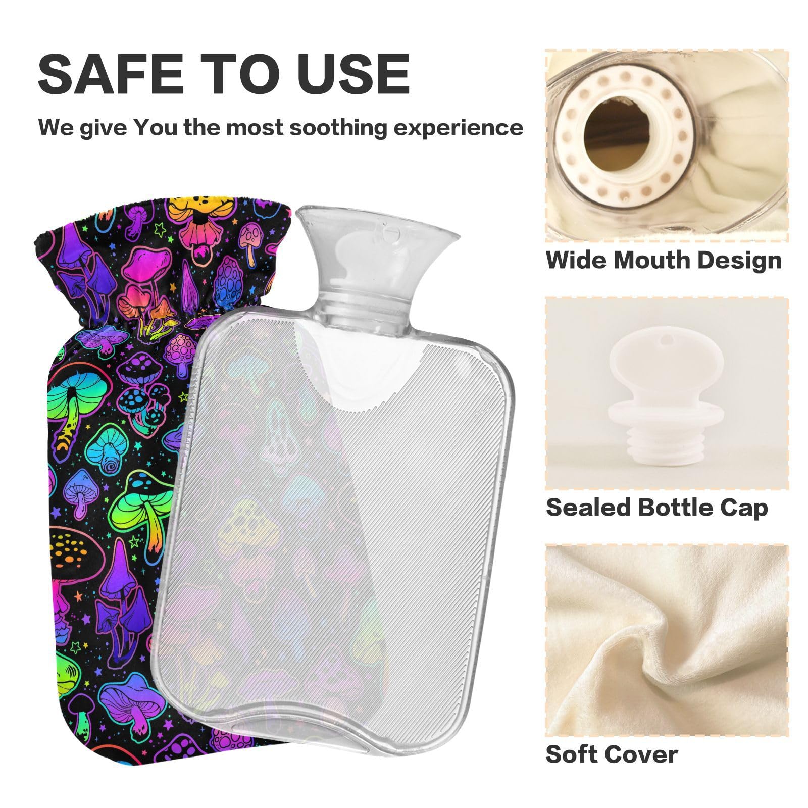 YNNALE Neon Color Hippie Mushroom Hot Water Bottle with Cover, 2Liter Soft Velvet Winter Warm Water Bag for Neck and Shoulder Pain Relief Period Cramps Bed Hand Feet Warmer