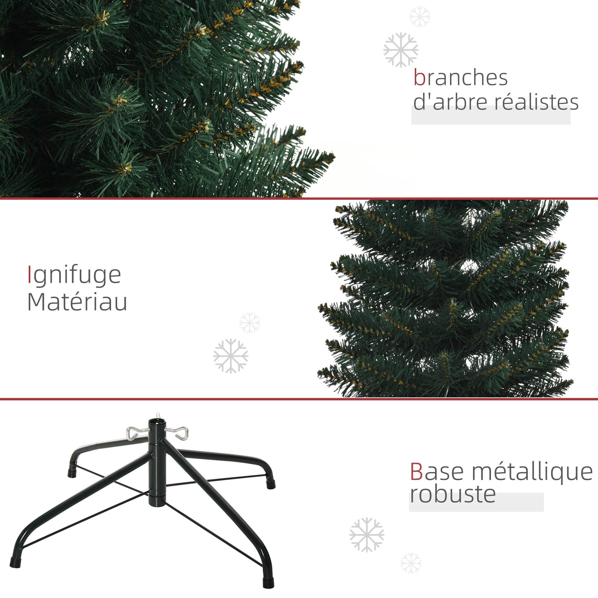 HOMCOM Sapin de Noël Artificiel 180 cm Fin et Haut Support Métal Vert | Arbre de Noël Slim, 380 Pointes de Branche, Pliable, Facile à Monter et Ranger, Maison Bureau
