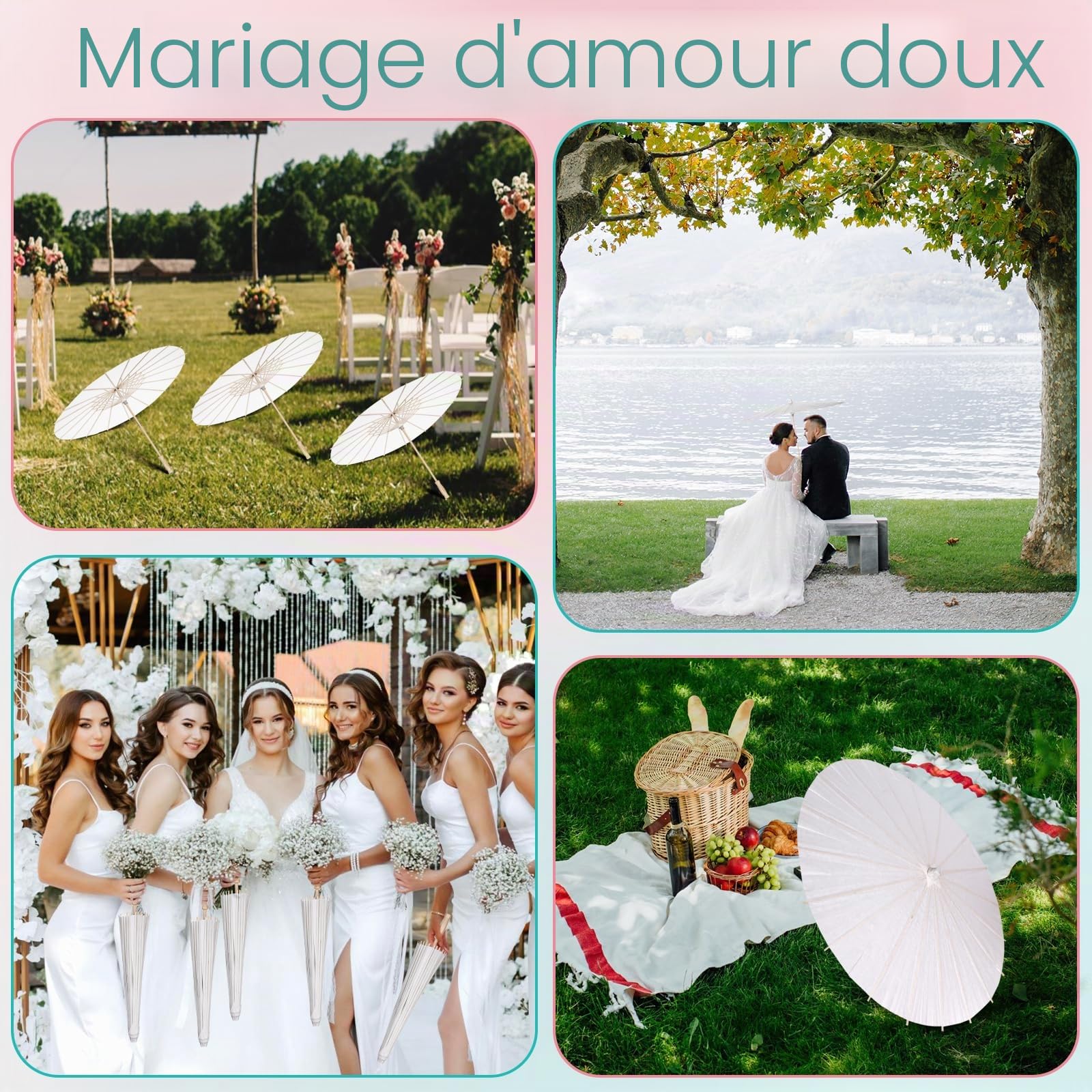 4 pièces Parasol en papier 60 cm chinois japonais parapluie blanc DIY peinture décorative pour mariage, décor de fête de mariée
