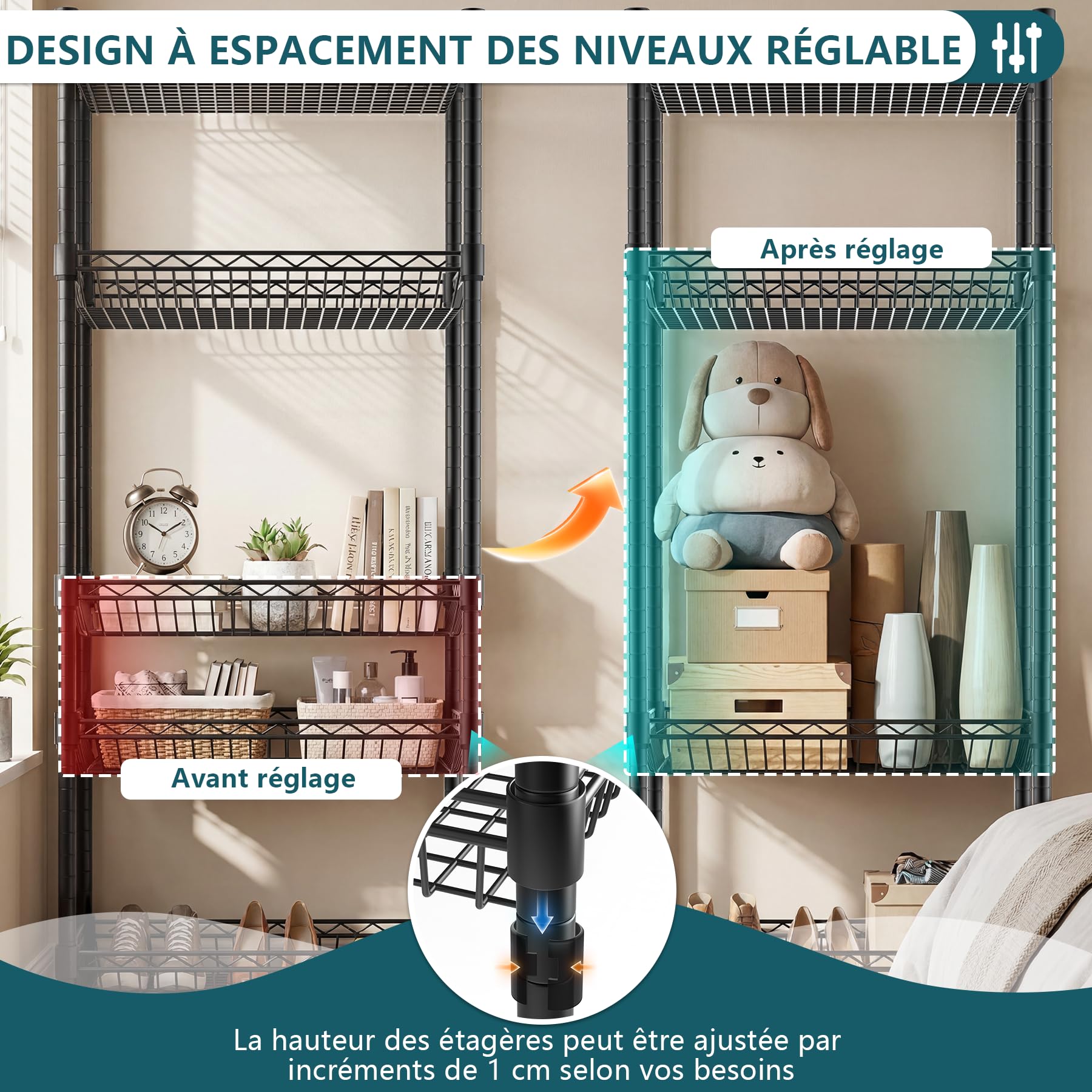 Himimi Étagère Métal 6 Niveaux à Roulettes, Étagère de Rangement Réglable en Hauteur Autoportante, Organiseur à Paniers en Fil Métallique pour Cuisine, Salle de Bain, Chambre, Salon,43×30×165 cm, Noir