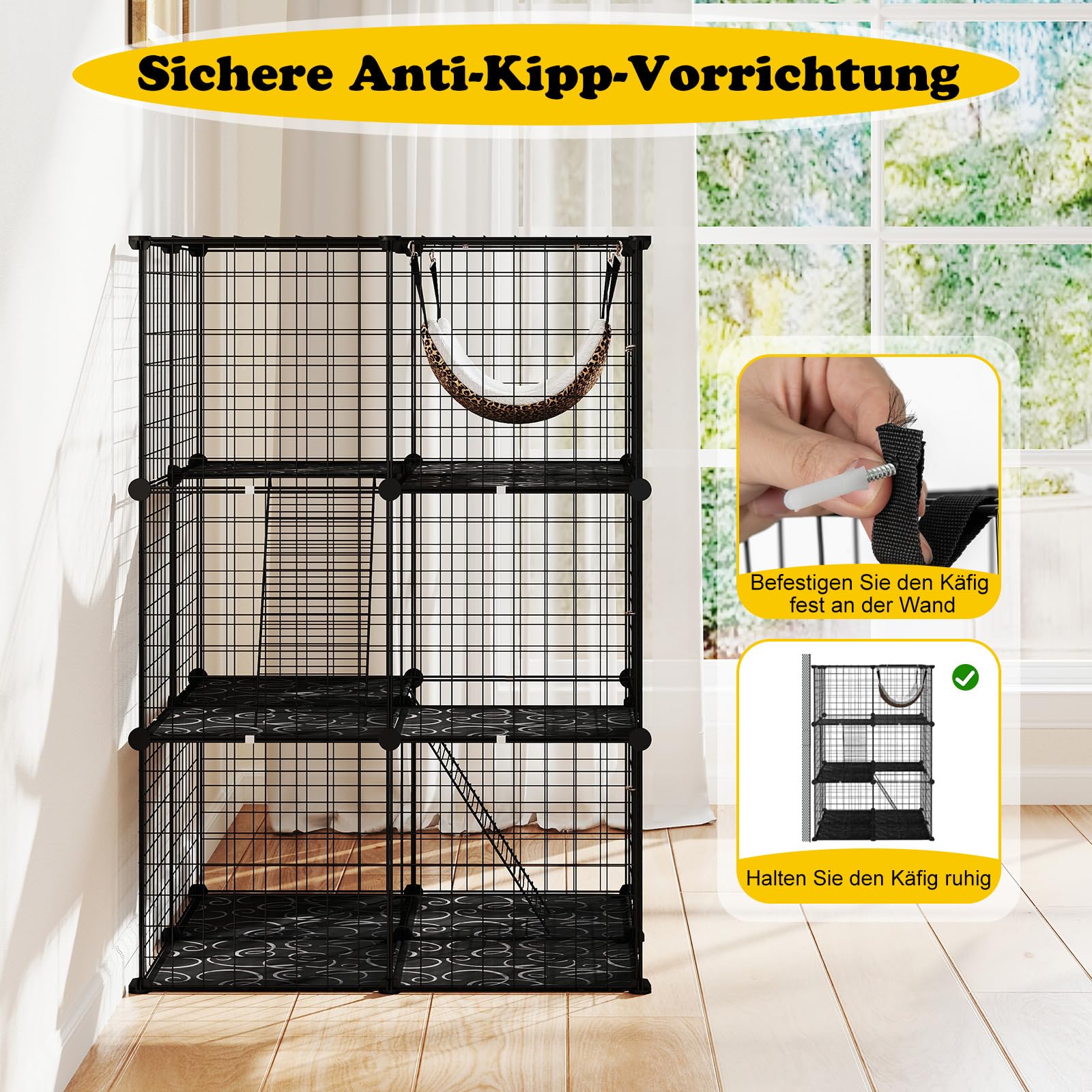 GYMAX 3 Ebenen Katzenkäfig faltbar, Katzengehege mit Oberlicht & Hängematte, Gitterkäfig aus Metall mit 3 abschließbaren Türen, Haustierspielplatz für Katzen & kleine Tiere (3 Etagen)