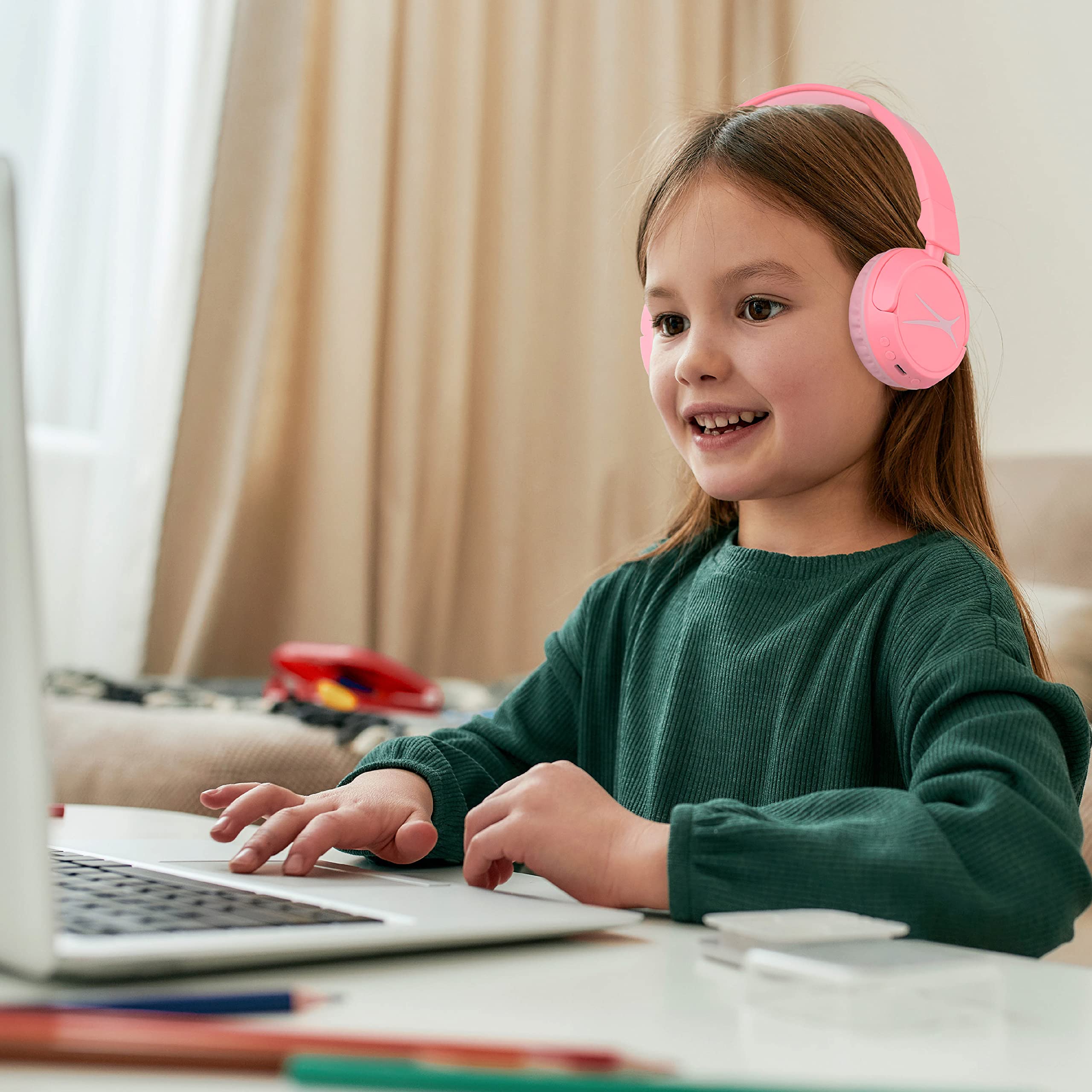 Altec Lansing Over The Ears Kids Headphones - Wired - Volume Limiting Technology for Developing Ears, Ages 6-9, Perfect for Learning from Home, Pink