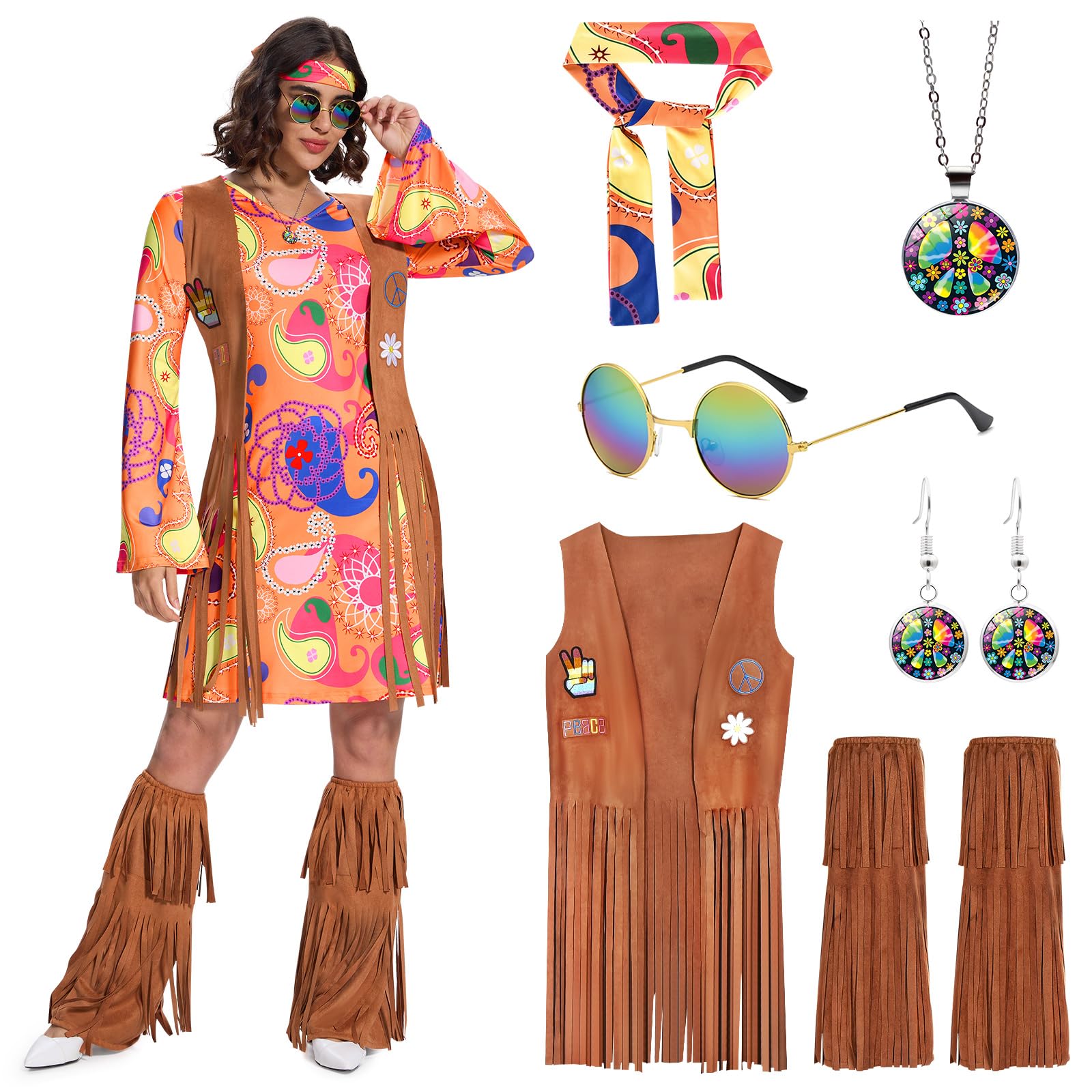Ulikey Ropa Hippie Mujer, Disfraz Hippie Mujer, Vestido Hippie Mujer Disfraz con Chaleco con Borlas, Cubrebotas con Borlas, Gafas Hippies, Travestimento Hippie para Carnaval
