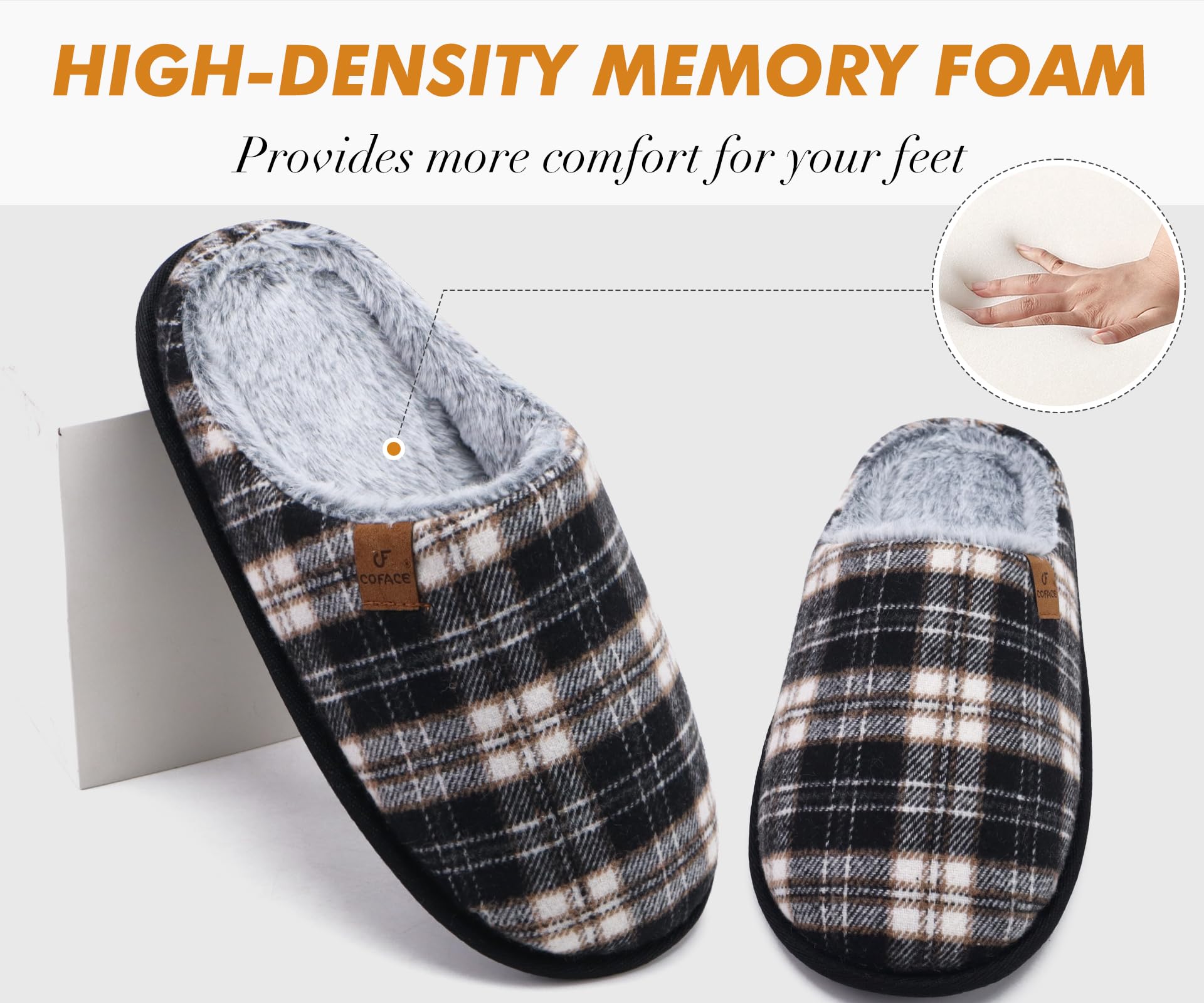 COFACE Pantofole da Uomo Invernali Plaid, Comoda Memory Foam Calde Scarpe da Casa in Lana con Suola Antiscivolo 40-49