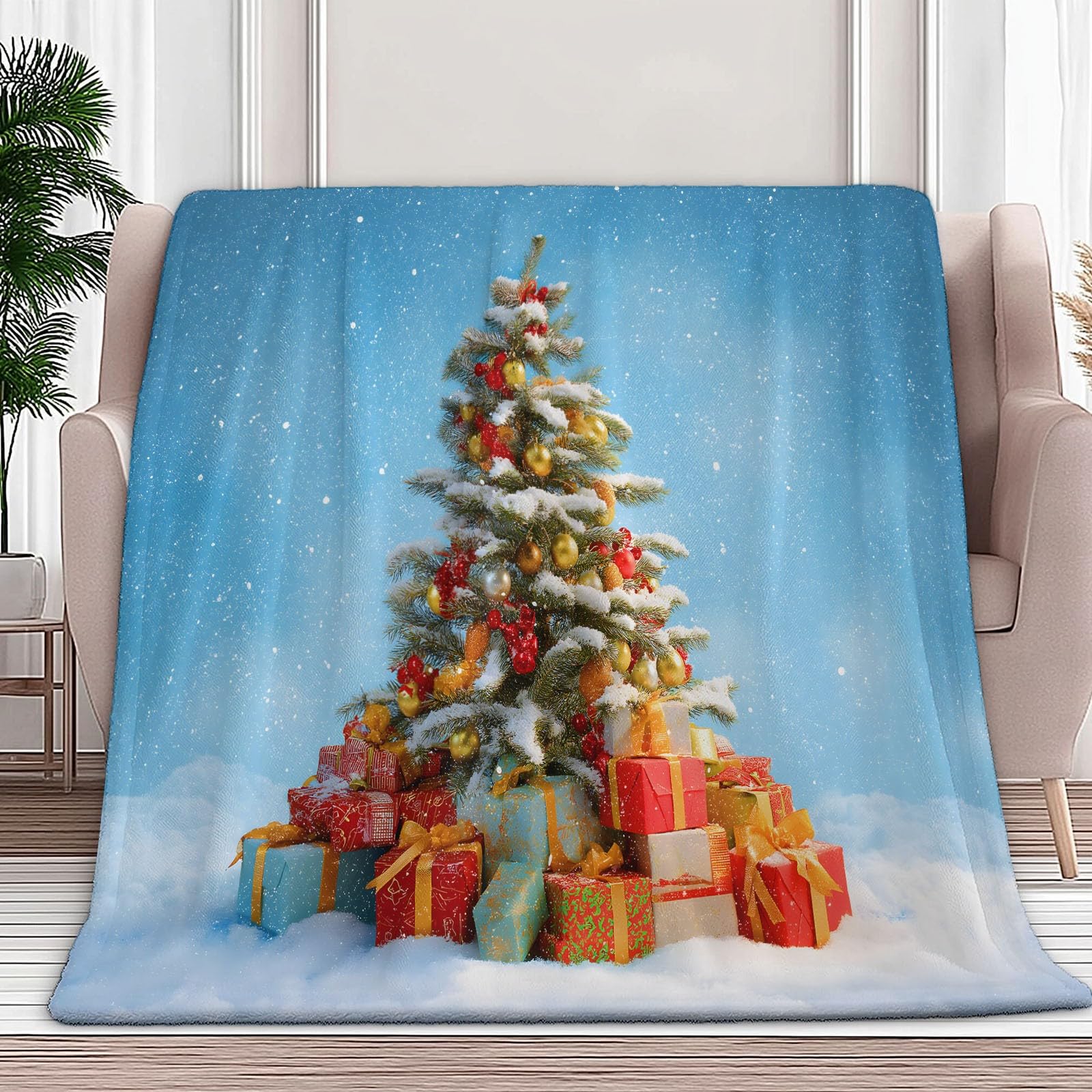 Generico Niebieski flanelowy koc w kratę świąteczny motyw choinki prezenty miękki lekki koc 220 x 240 cm - nadaje się do łóżka kanapy kempingowej podróży leżak