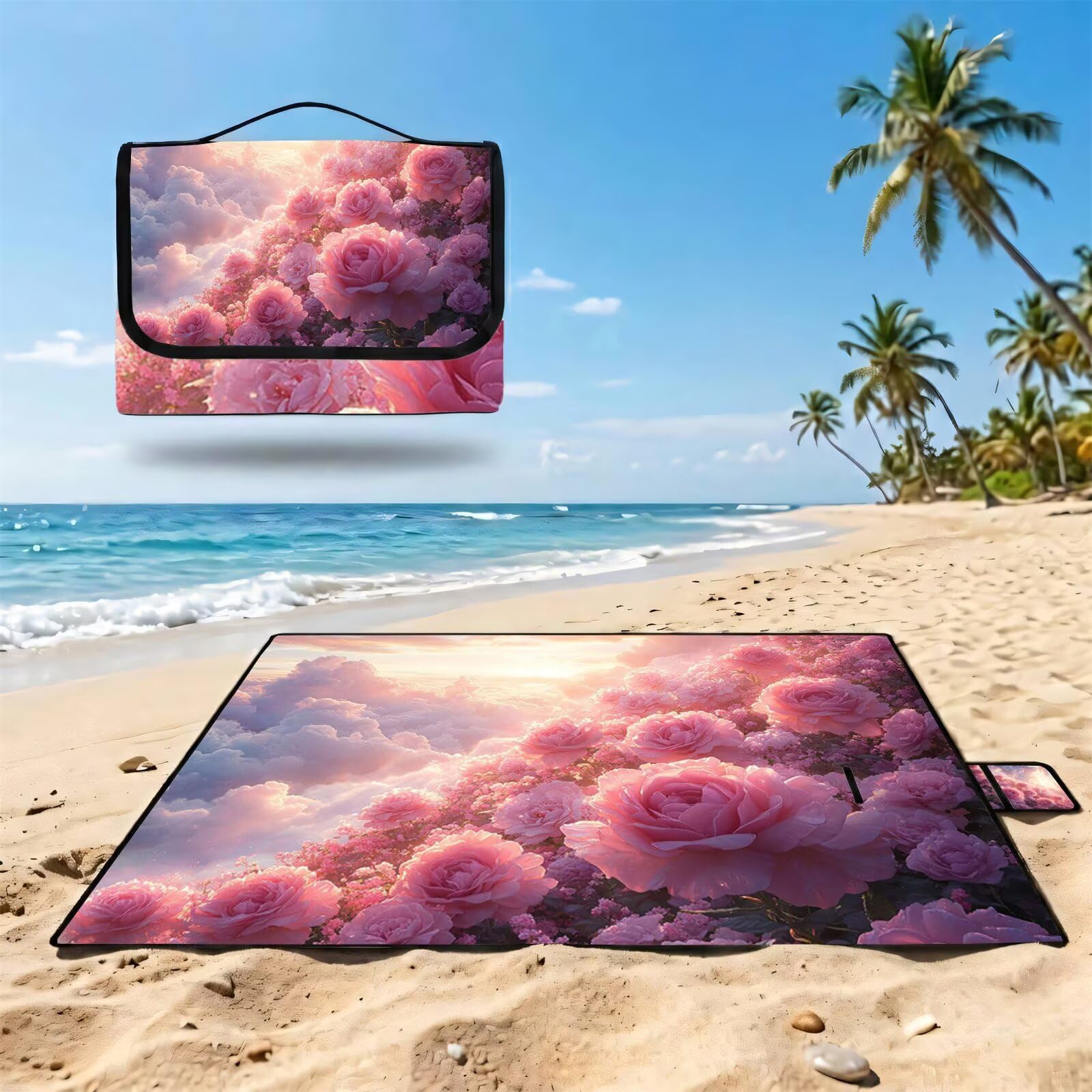 Couverture Pique Nique Grande 200x300cm,Outdoor Couverture Imperméable,Pliable Tapis de Plage Dos en PVC Anti-Sable,Picnic Blanket pour Camping Accessoires,Jardin,Parc - Nuages,Fleurs (3) FZ-158