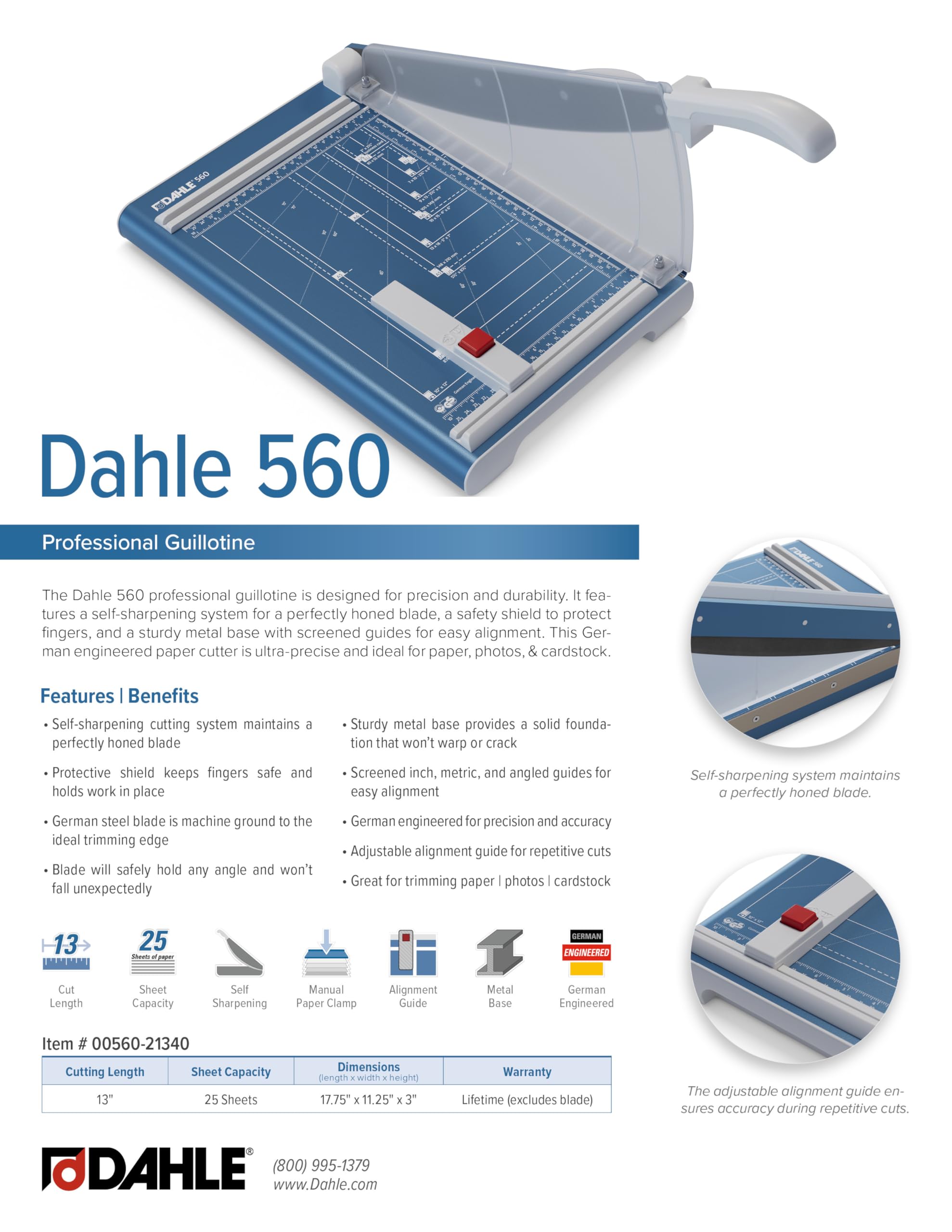 Dahle Cisaille 560 (Capacité de Coupe jusqu'à 25 Feuilles, DIN A4, 340mm de Coupe, Lame Affûtée, Pression Manuelle) Bleu