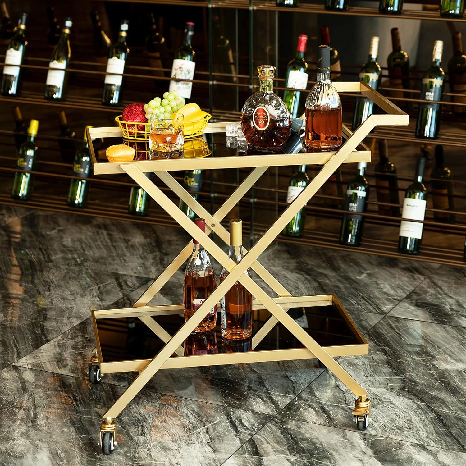 Crofy Gold Finish Bar Cart on Wheels, No-Tool Assembly 2-Tier Serving Cart with Black Tempered Glass Shelves & Locking Casters - Mobile Snack/Drink Cart for Home Bar, Kitchen, Parties