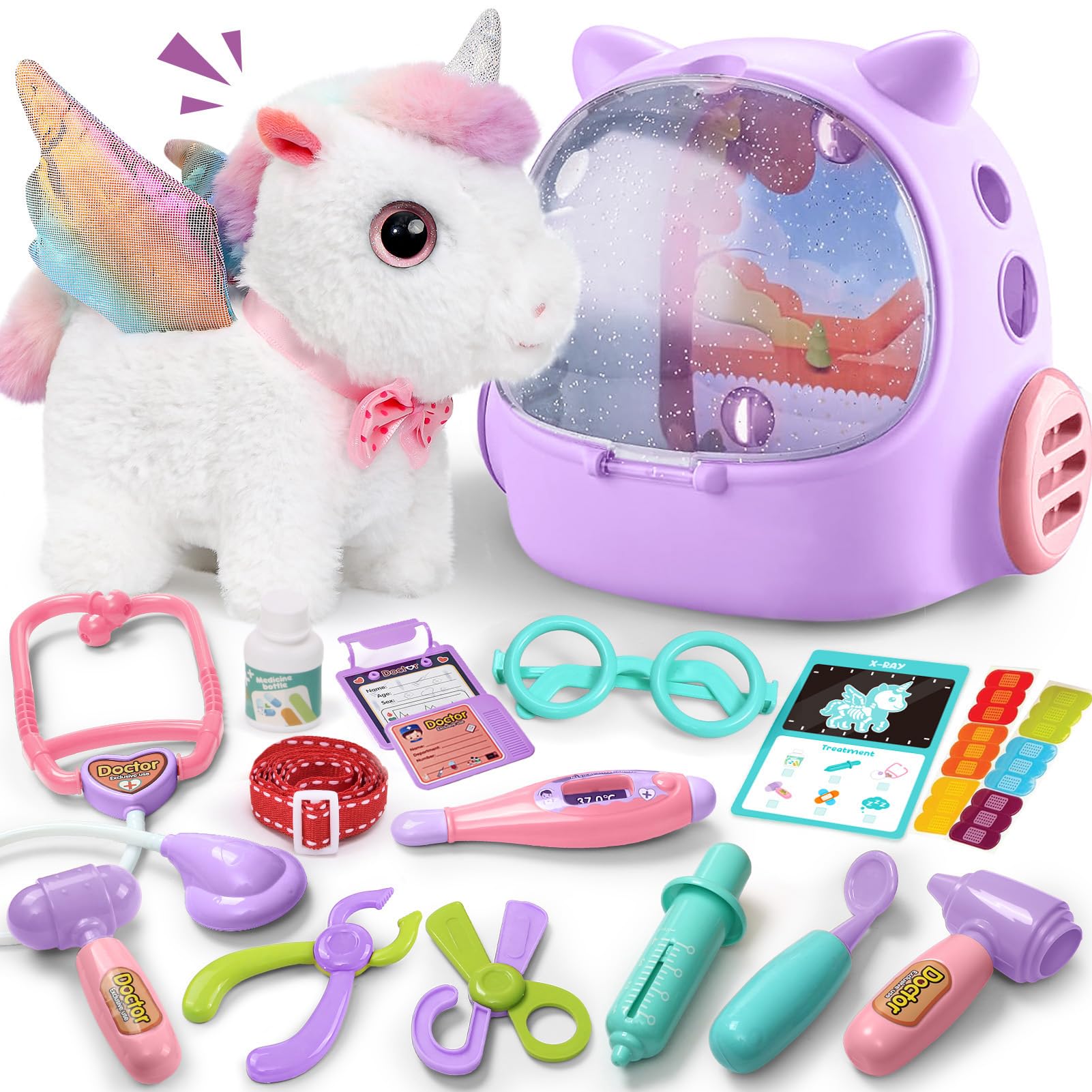 Doctors Vet Set for Kids Electronic Interactive Unicorn Toys with Backpack